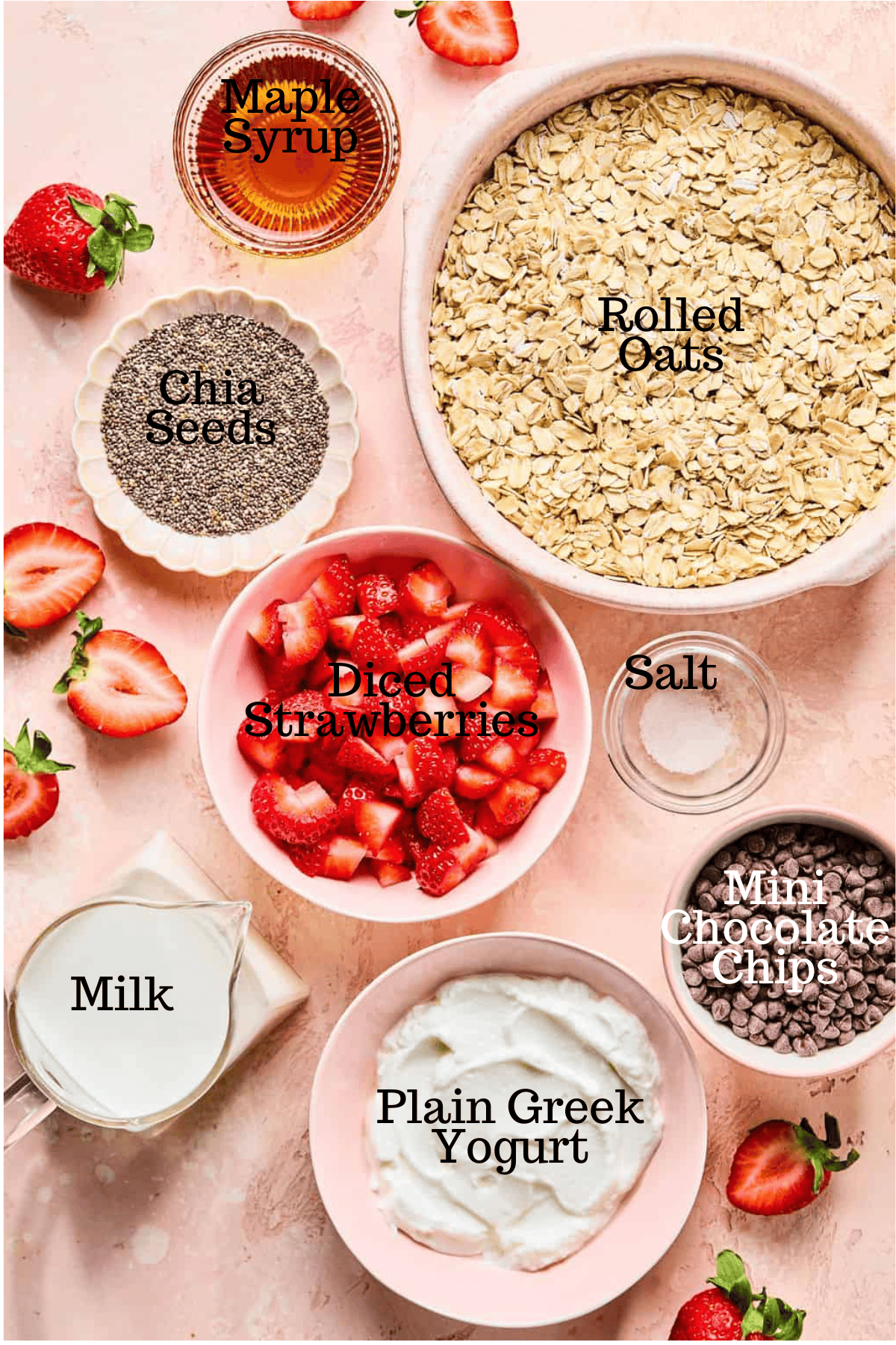 Photo of ingredients for Chocolate Covered Strawberry Overnight Oats with labels.