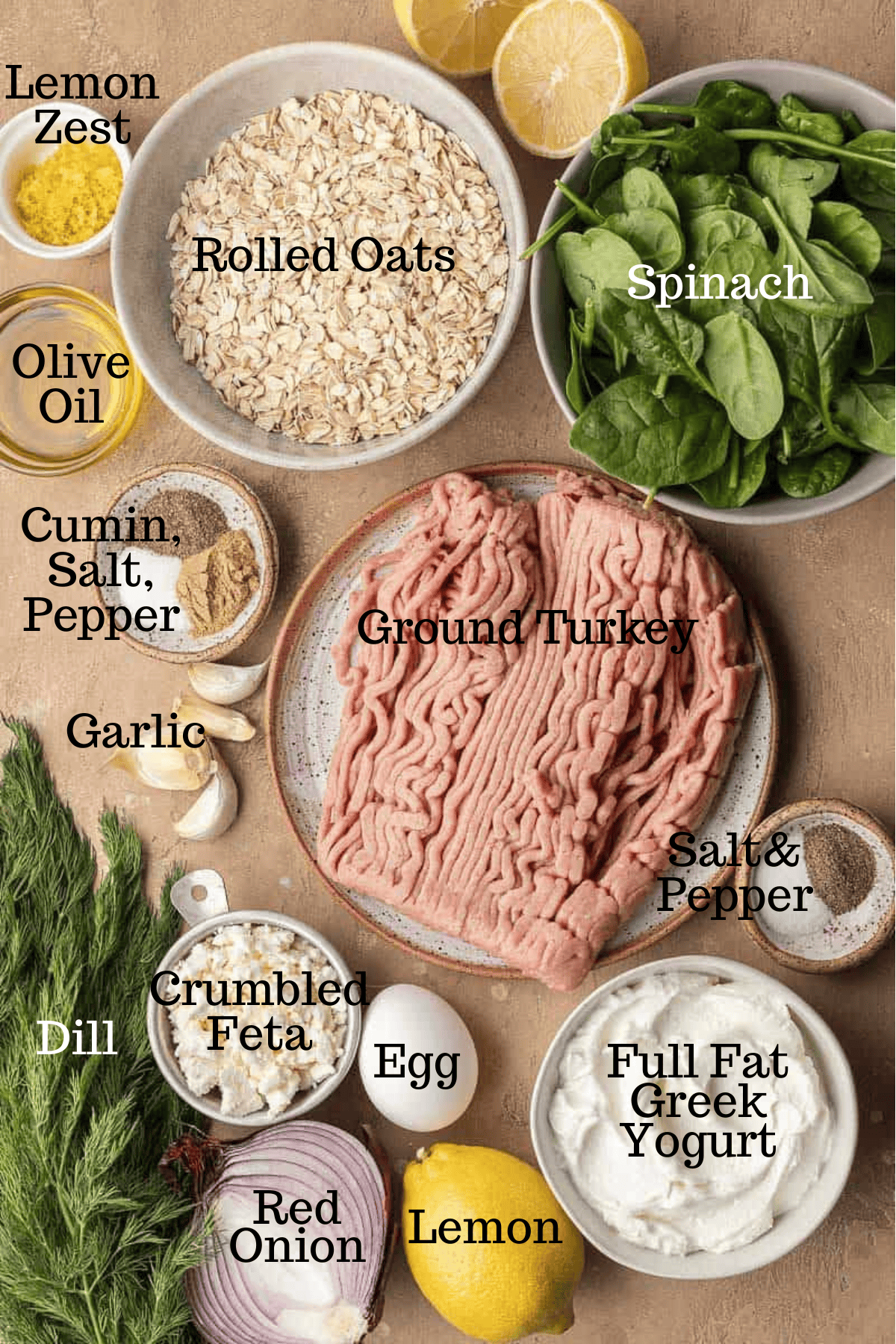 Photo of ingredients for Lemon Feta Dill Meatballs with labels.