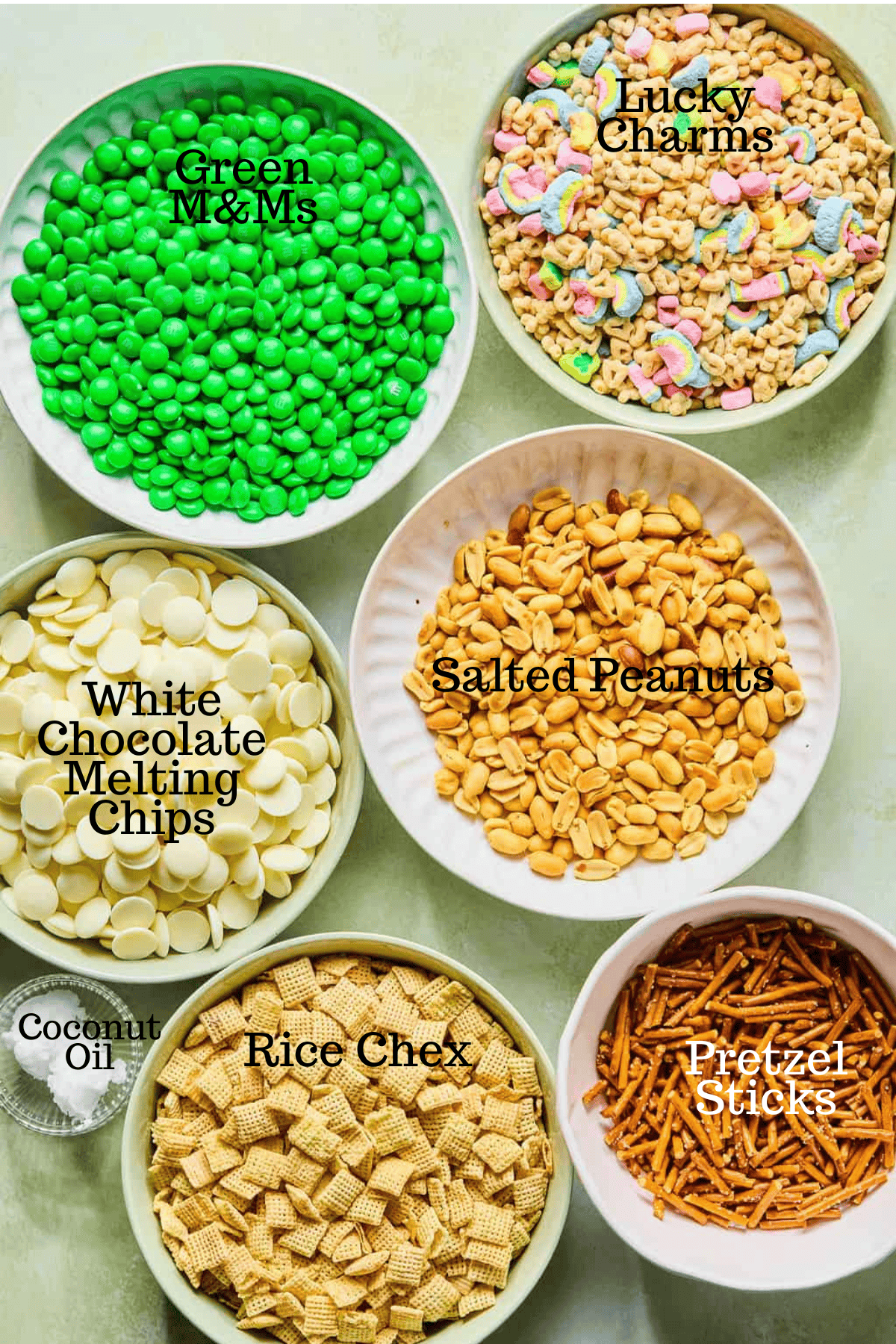 Photo of ingredients for Lucky Charms Bark (7 Ingredients!) with labels.