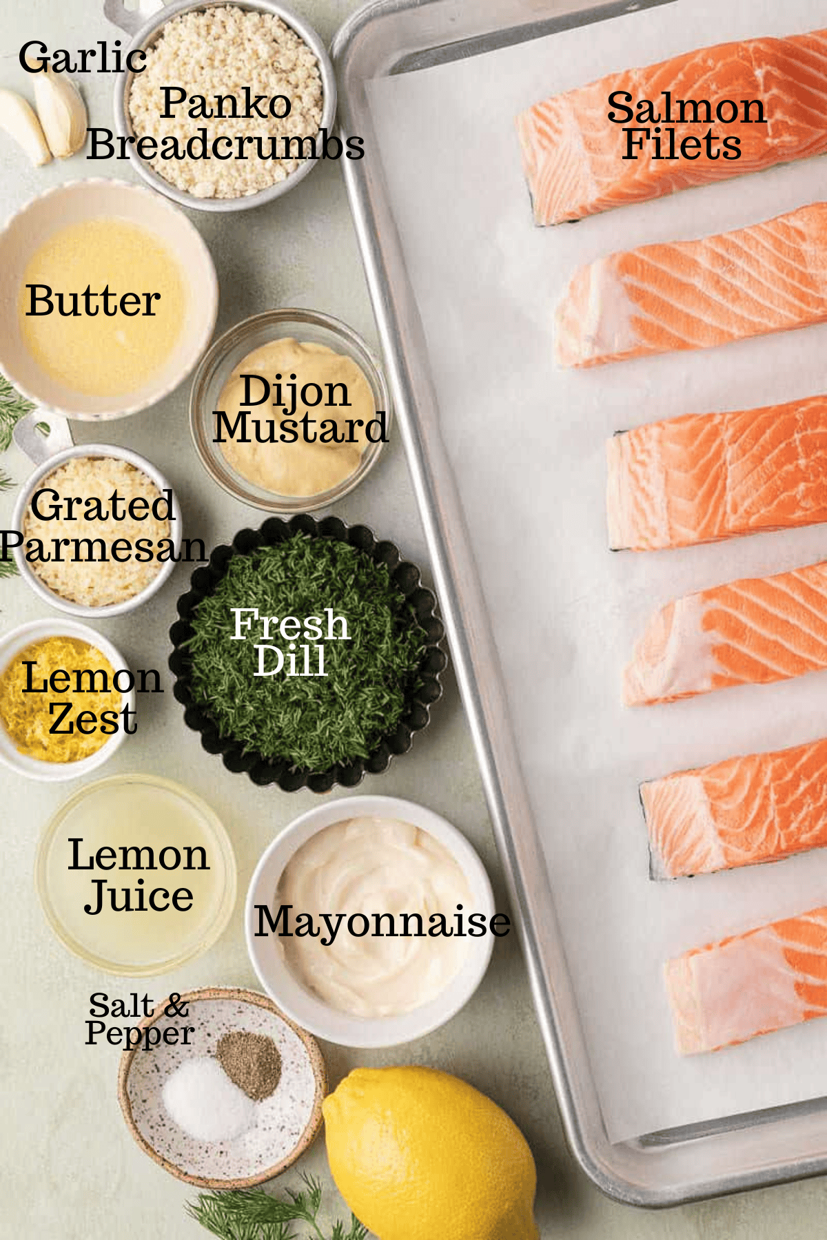 Photo of ingredients for Panko Crusted Dill Baked Salmon with labels.