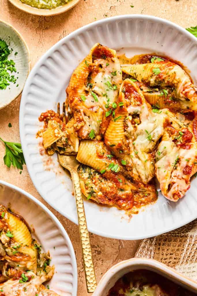 High Protein Pesto Stuffed Shells on plate