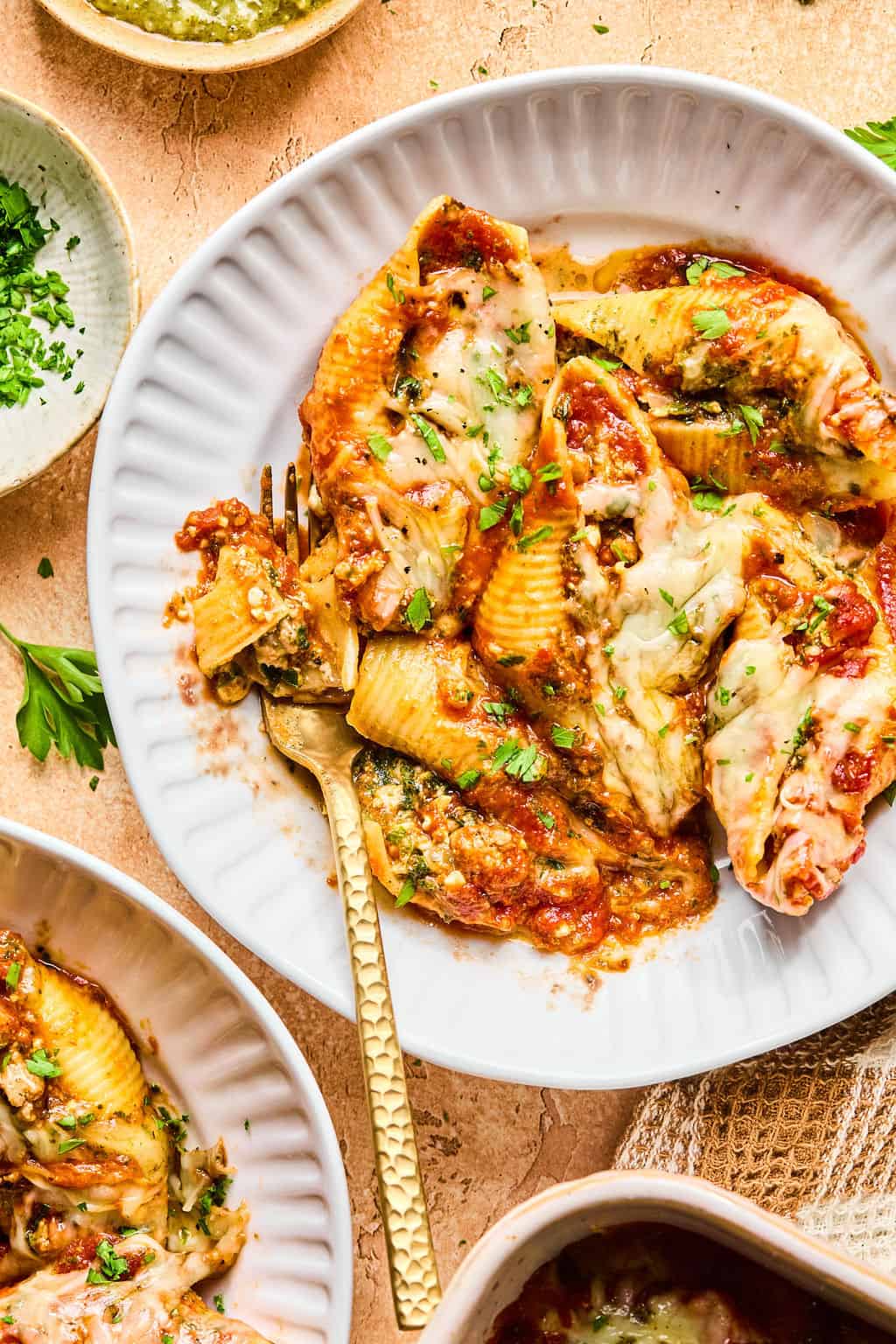High Protein Pesto Stuffed Shells on plate