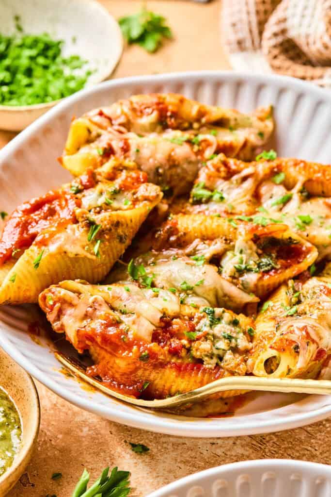 High Protein Pesto Stuffed Shells on plate