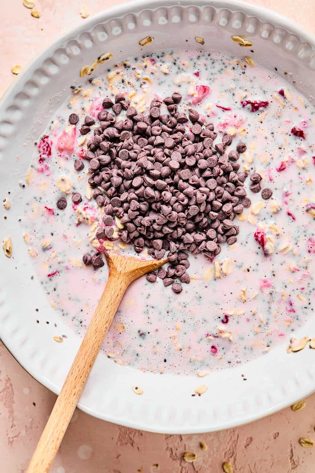 Mini chocolate chips added to bowl