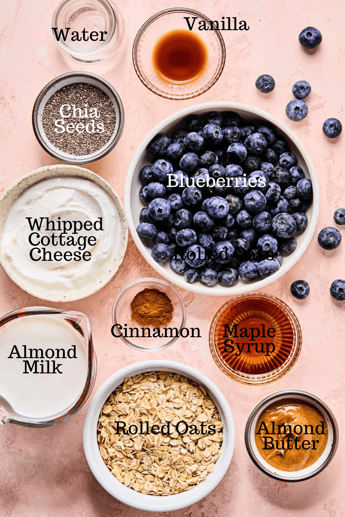 Photo of ingredients for Blueberry Muffin Protein Overnight Oats with labels.