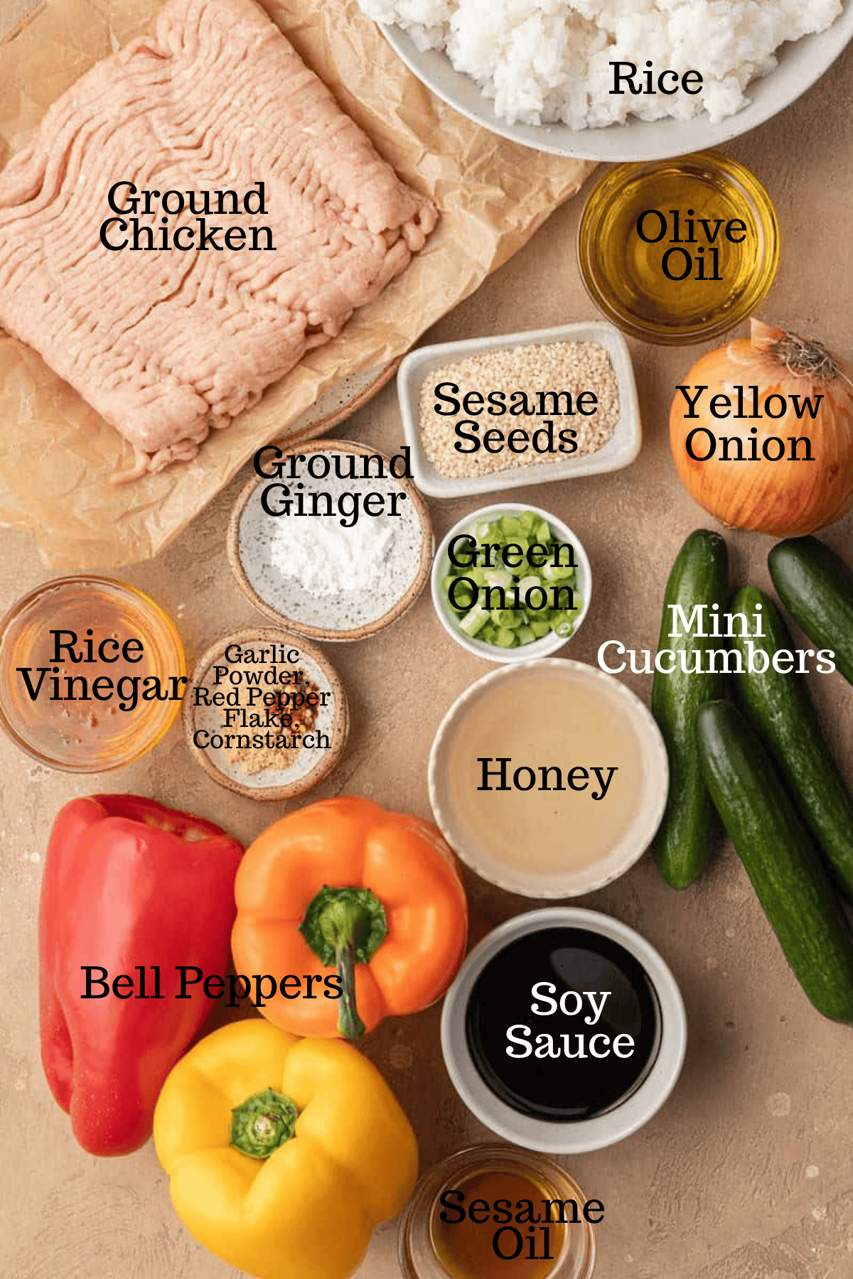 Photo of ingredients for Ground Chicken Teriyaki Bowls with labels.