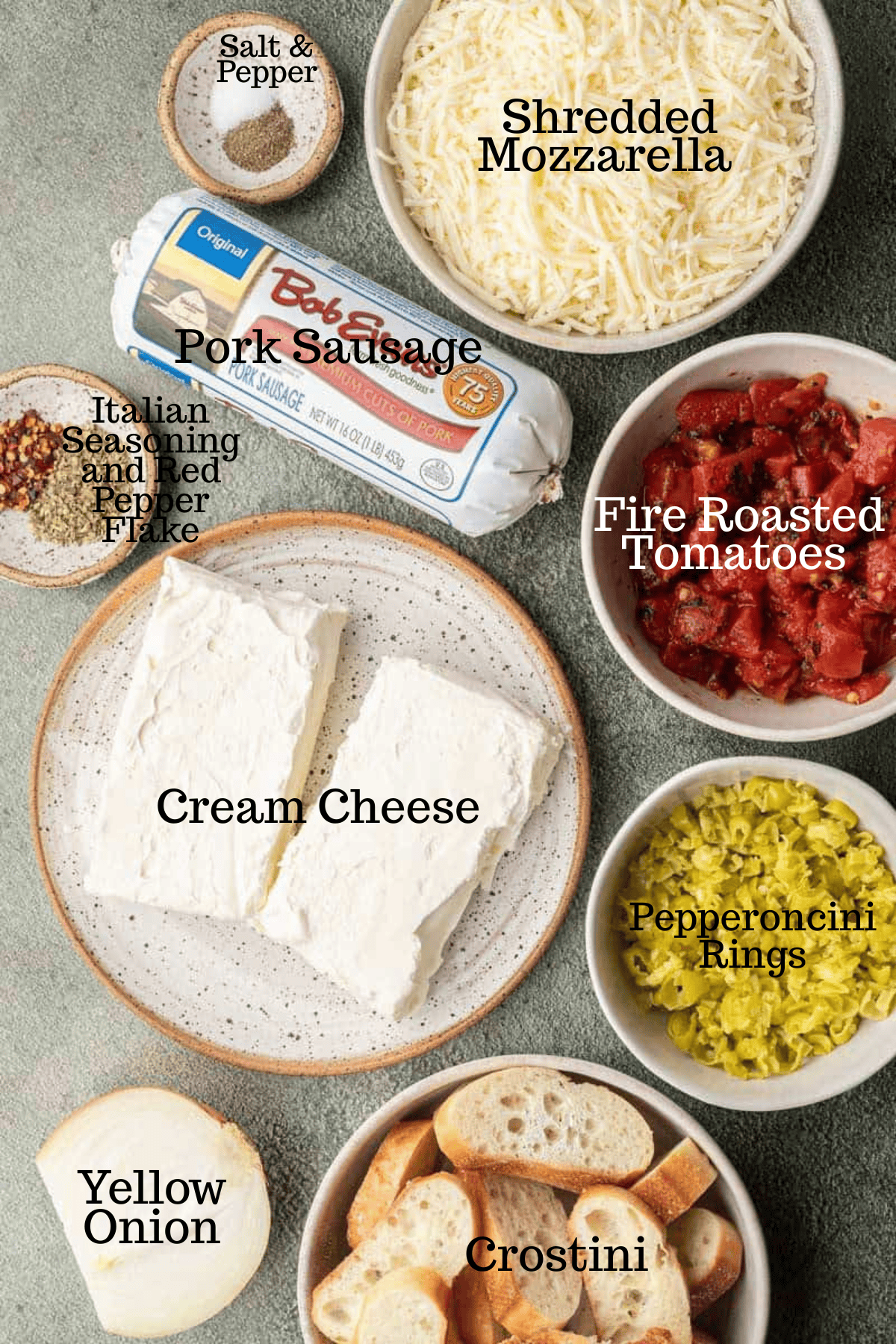 Photo of ingredients for Spicy Italian Sausage Dip with labels.