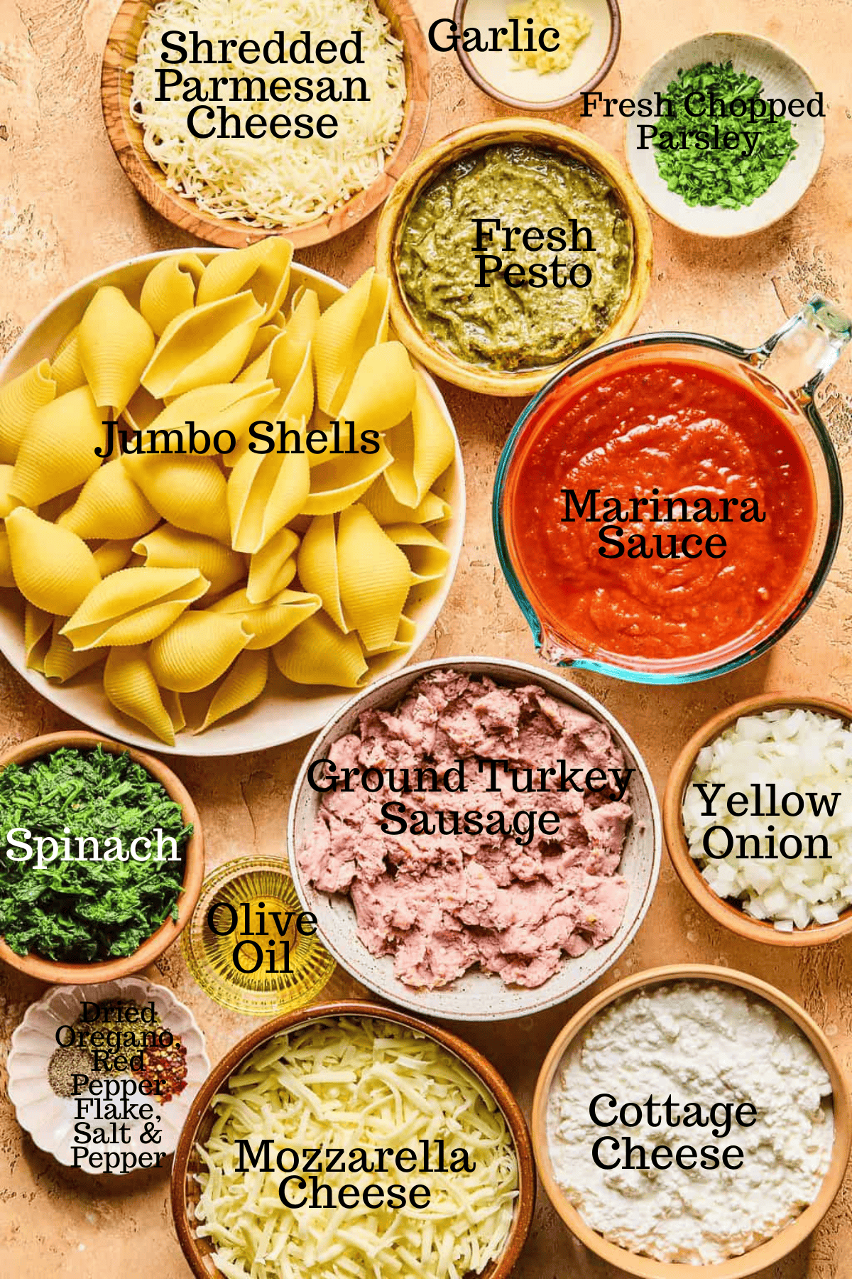 Photo of ingredients for High Protein Stuffed Shells with Pesto with labels.