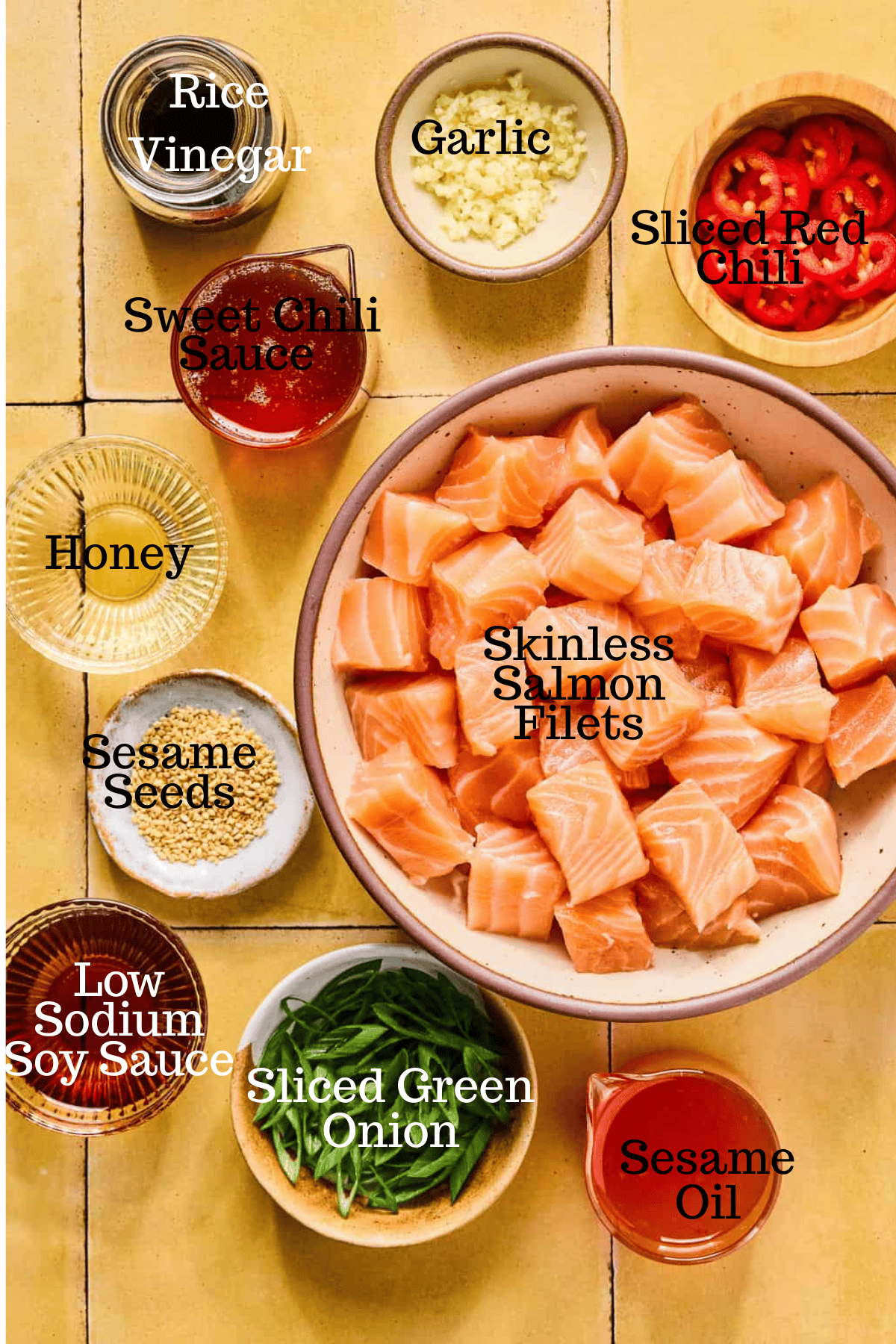Photo of ingredients for Honey Glazed Salmon Bites with labels.