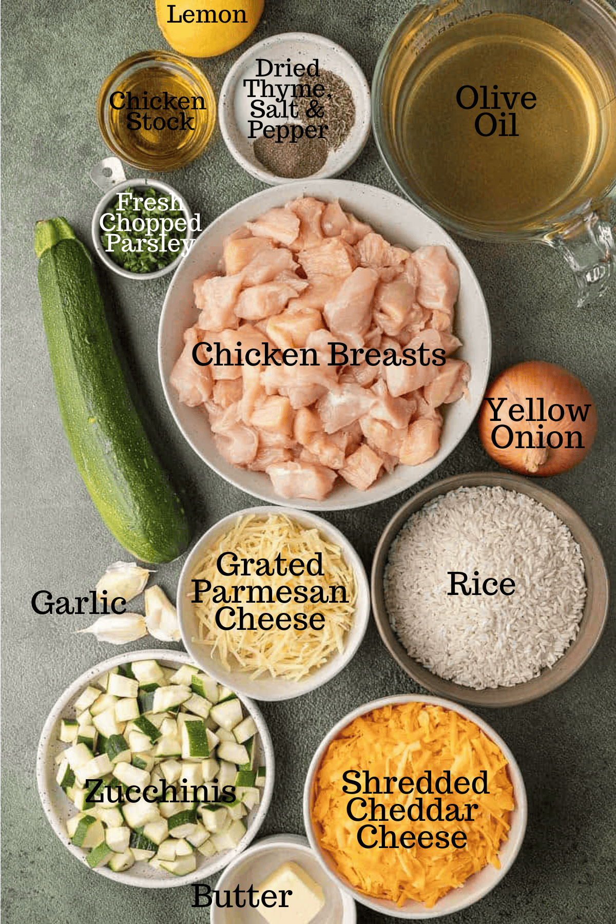 Photo of ingredients for One Pot Cheesy Chicken Zucchini Bake with labels.