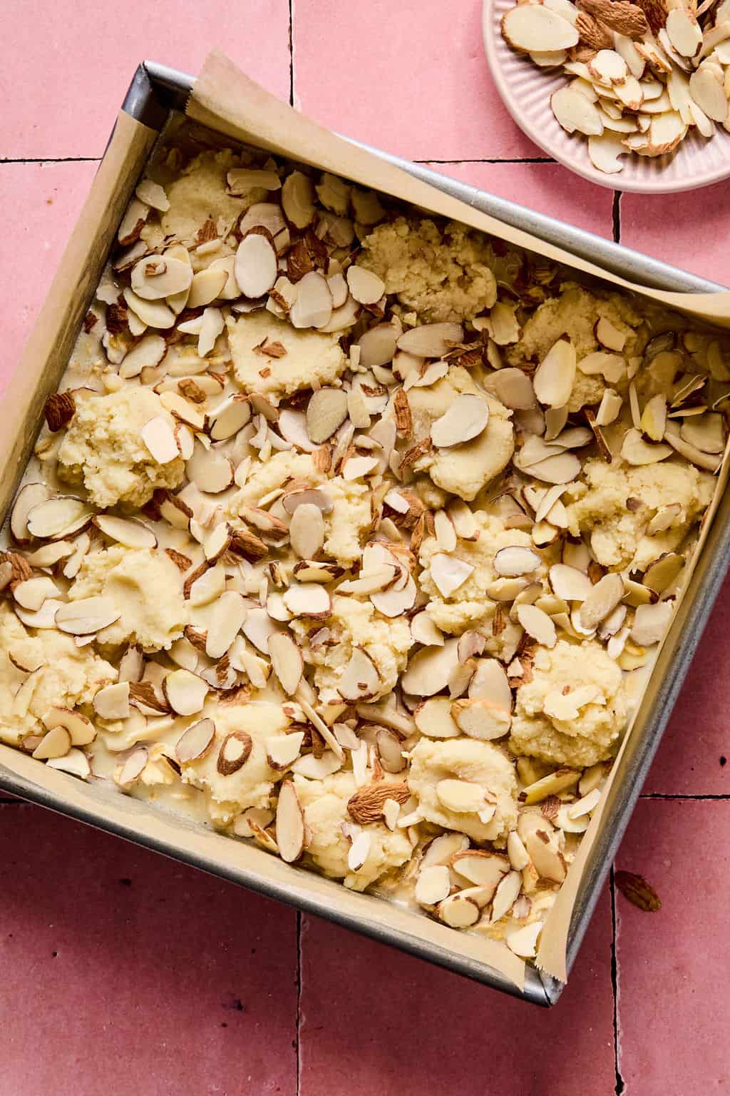 sliced almonds added to Almond Croissant Baked Oatmeal
