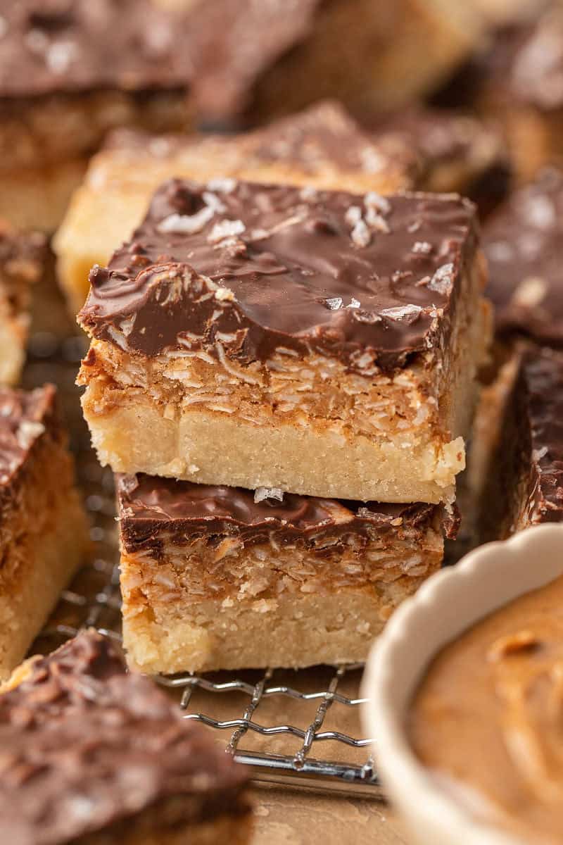 Healthy Samoa Bars stacked on cooling rack