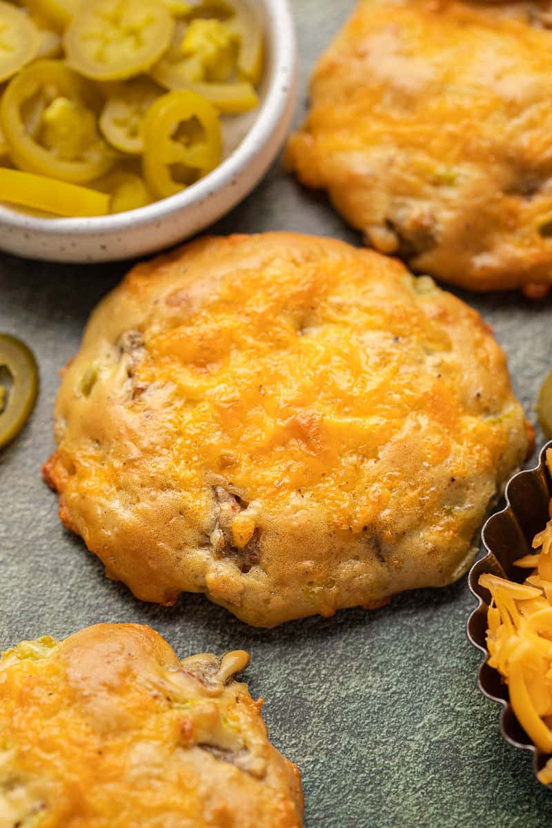 High Protein Sausage Jalapeno Cheddar Biscuits on tray