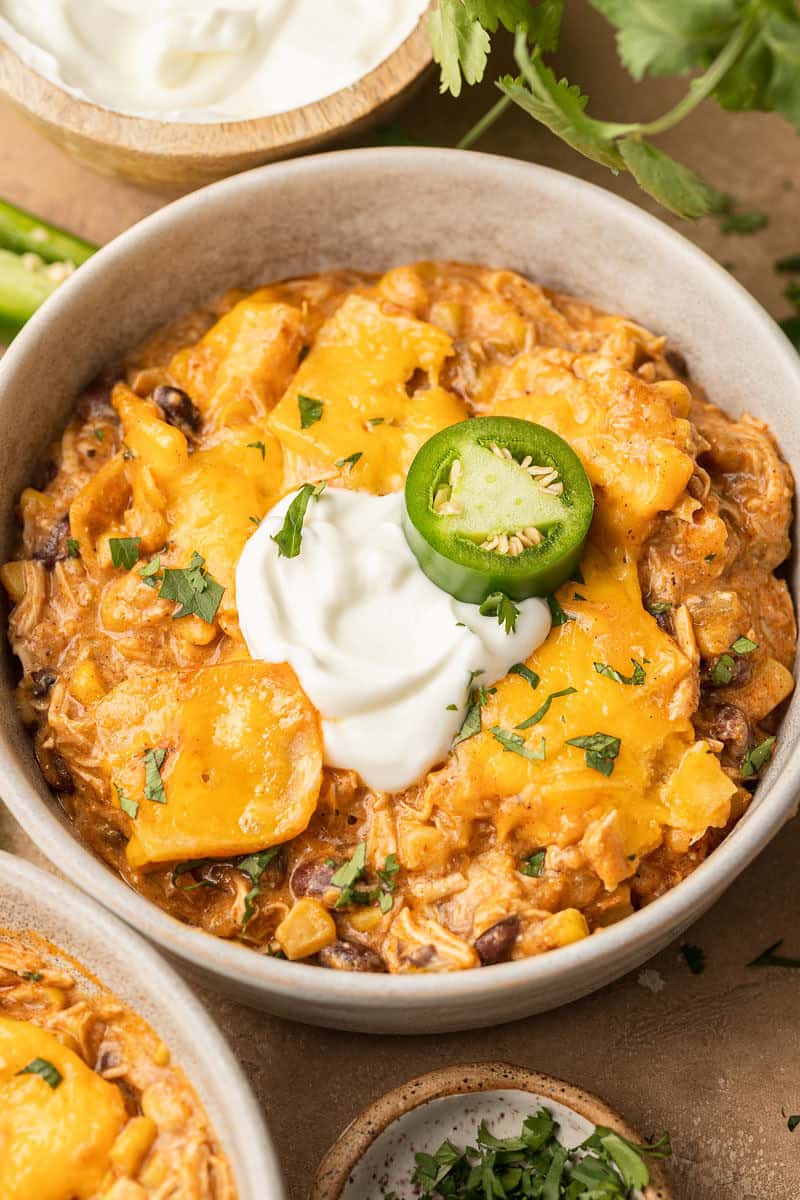 Slow Cooker Chicken Enchilada Casserole in bowl
