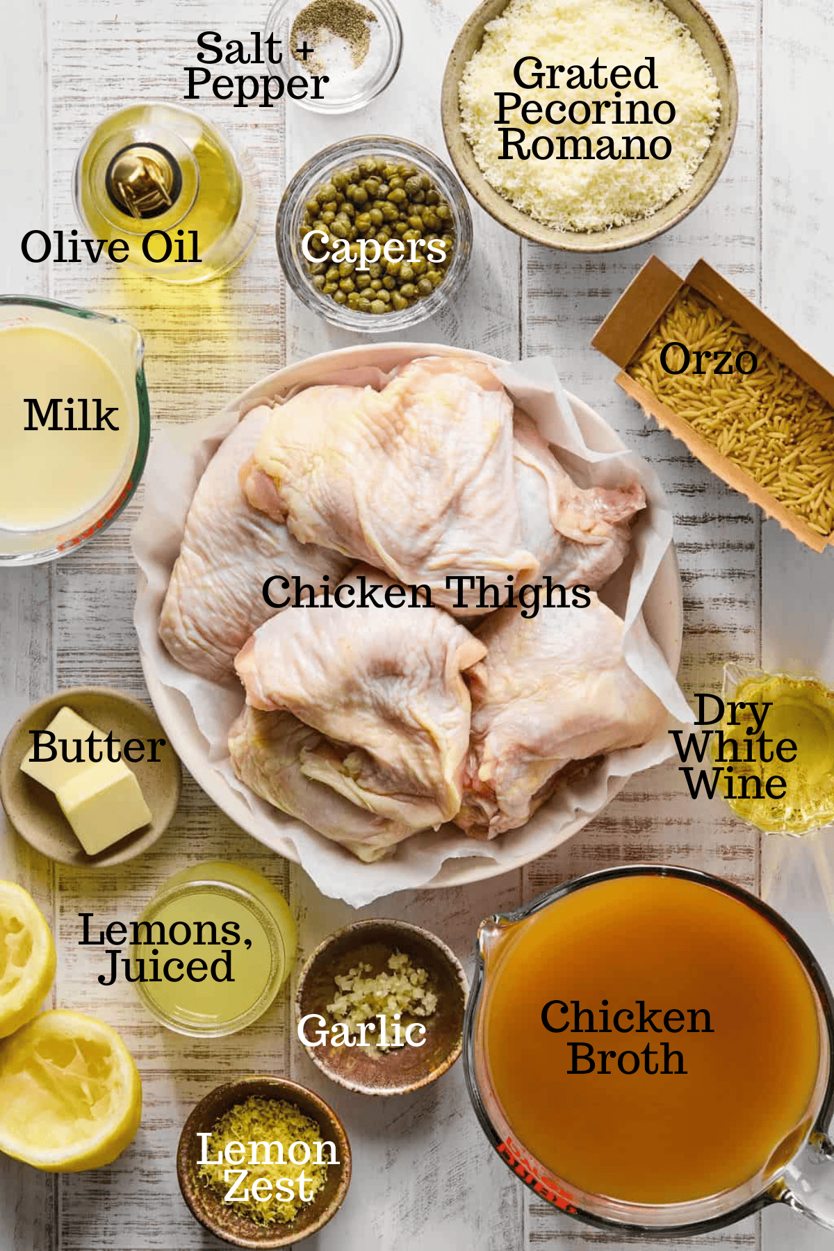 Photo of ingredients for Chicken Piccata Skillet with labels.