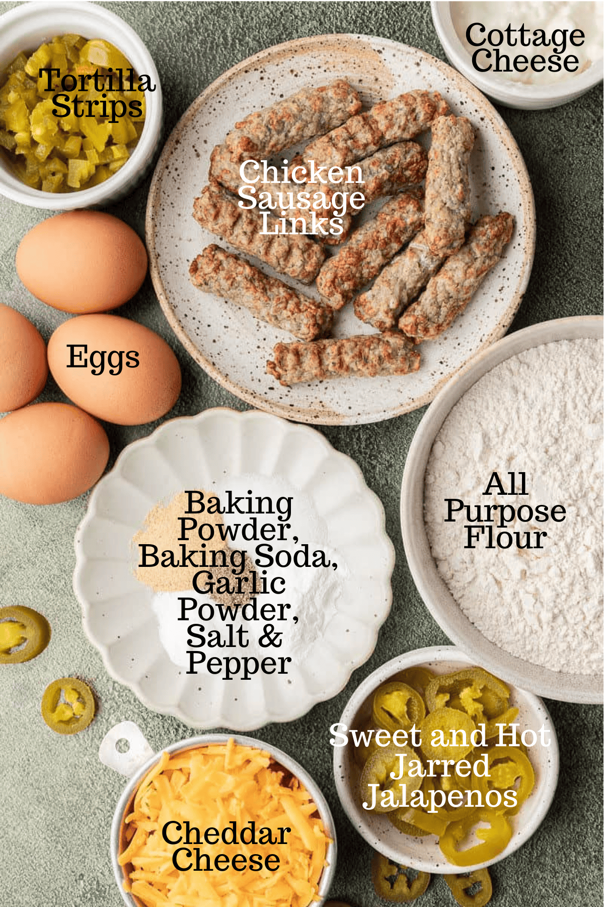 Photo of ingredients for High Protein Sausage Jalapeno Cheddar Biscuits with labels.