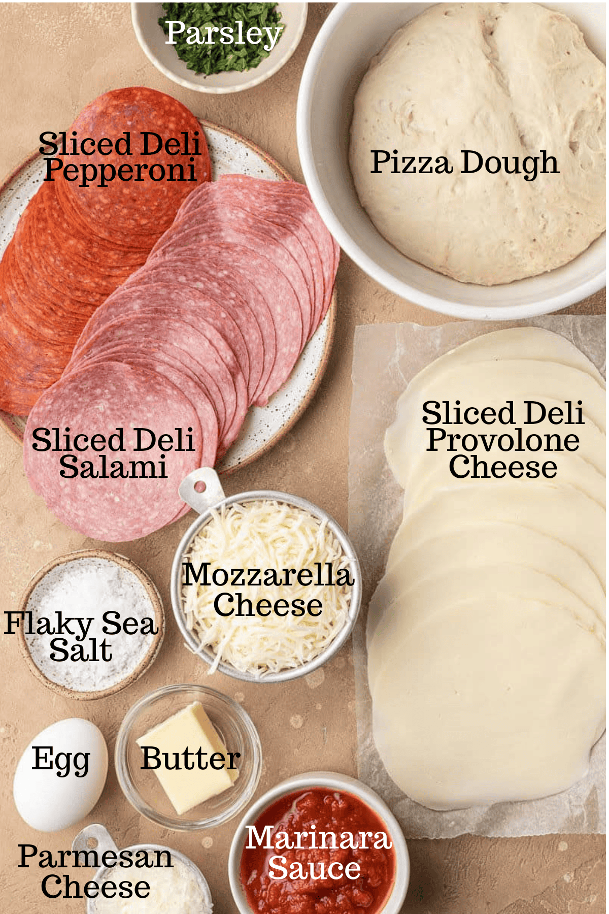 Photo of ingredients for Italian Stromboli Recipe with labels.