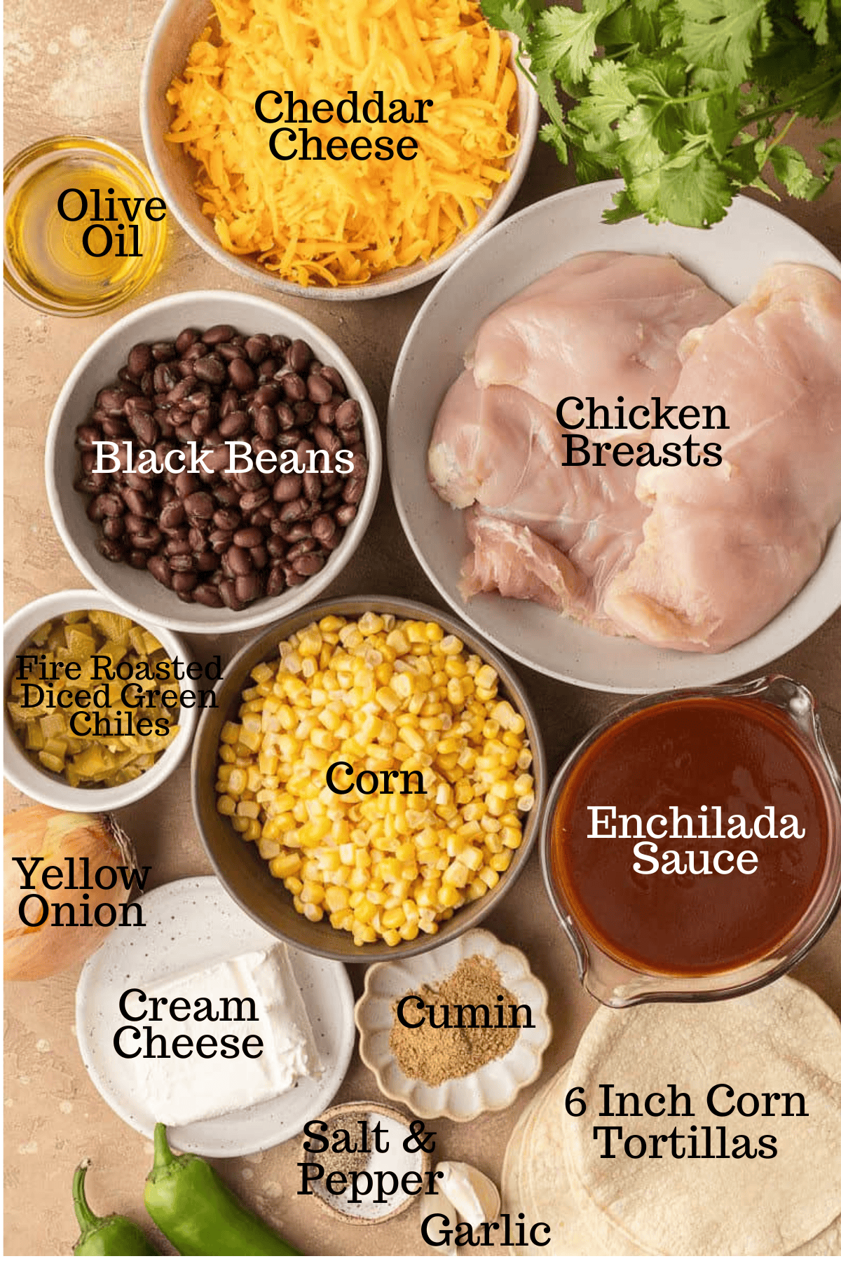 Photo of ingredients for Slow Cooker Chicken Enchilada Casserole with labels.