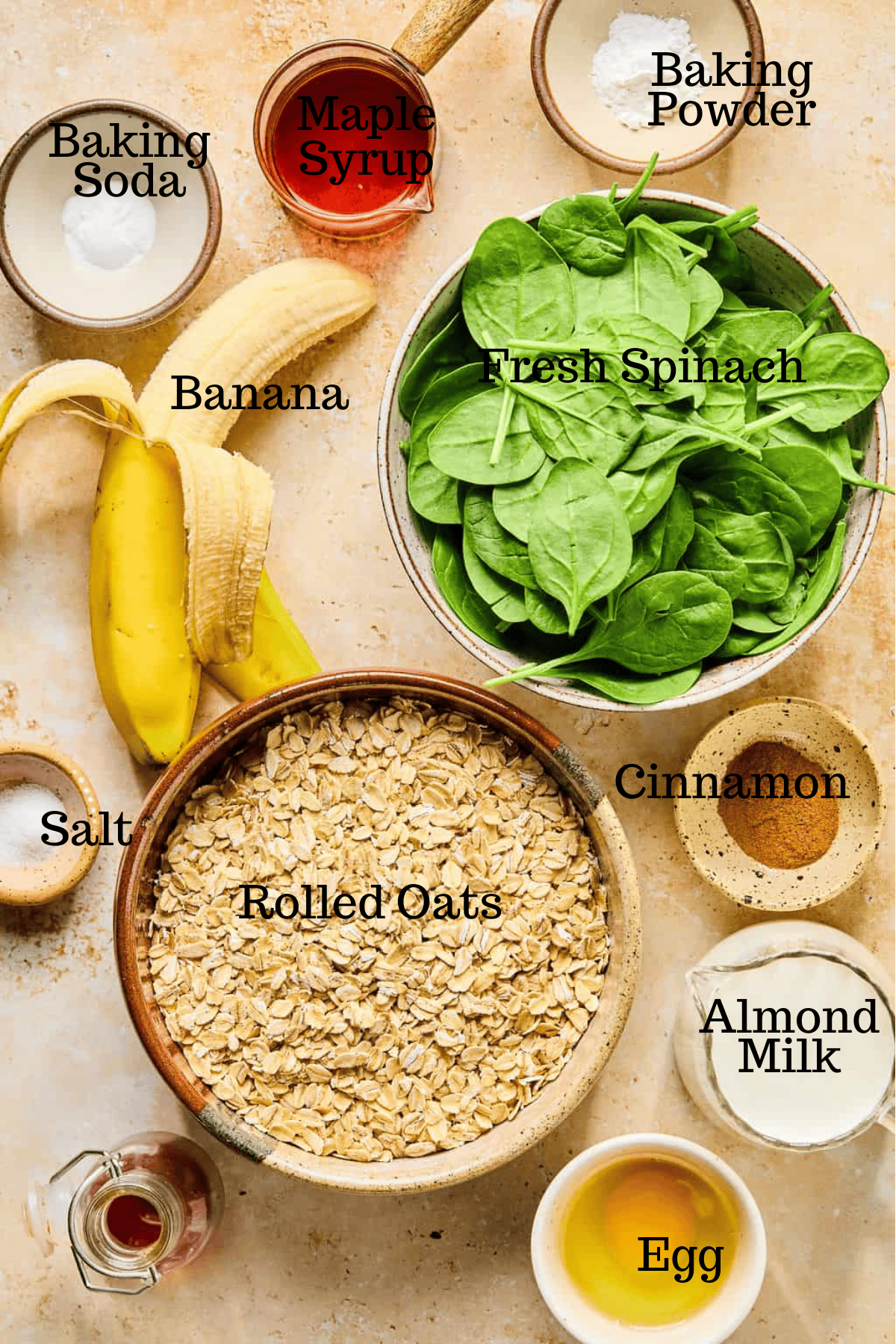 Photo of ingredients for Spinach Pancakes Recipe with labels.