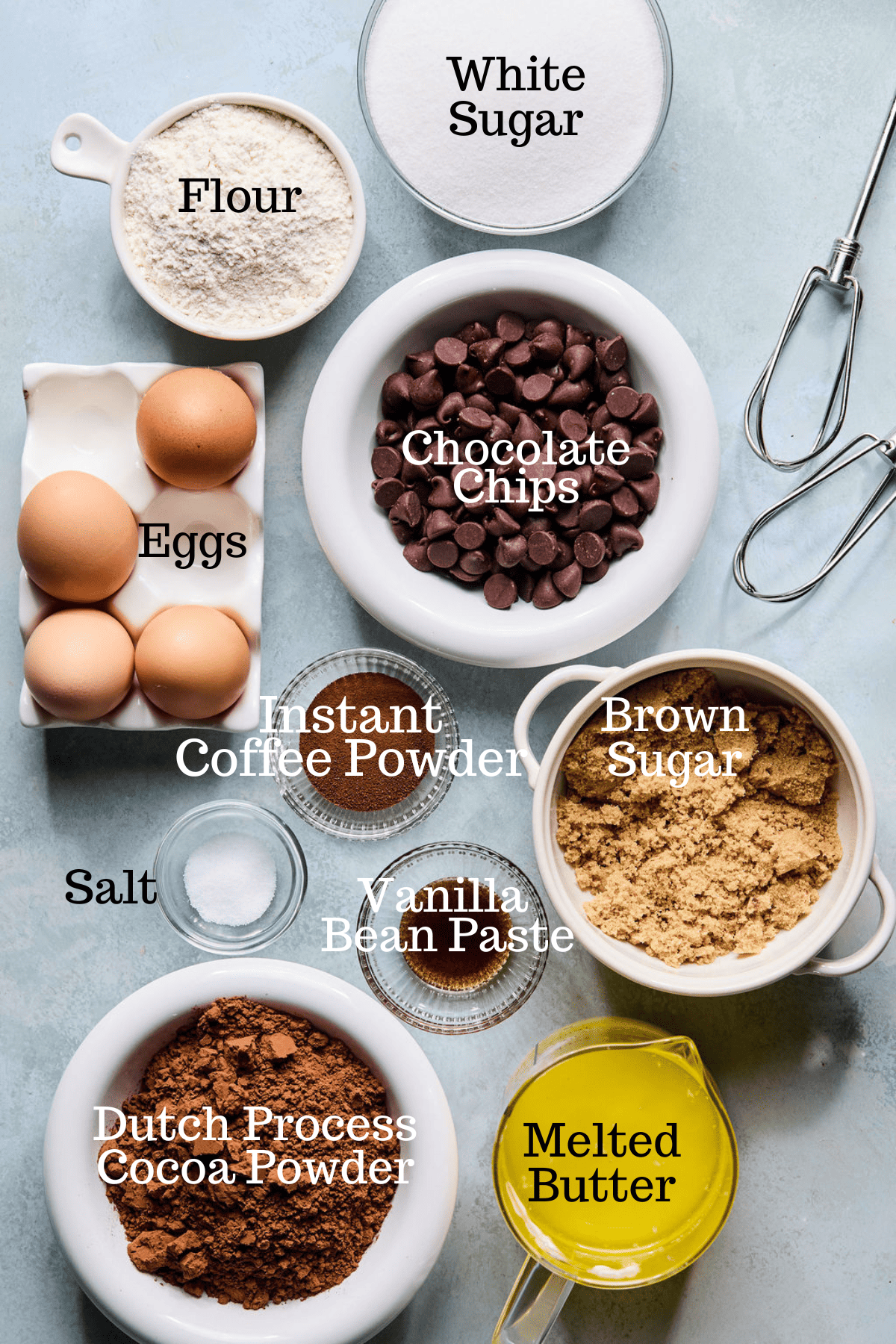 Photo of ingredients for Best Brownies Ever with labels.