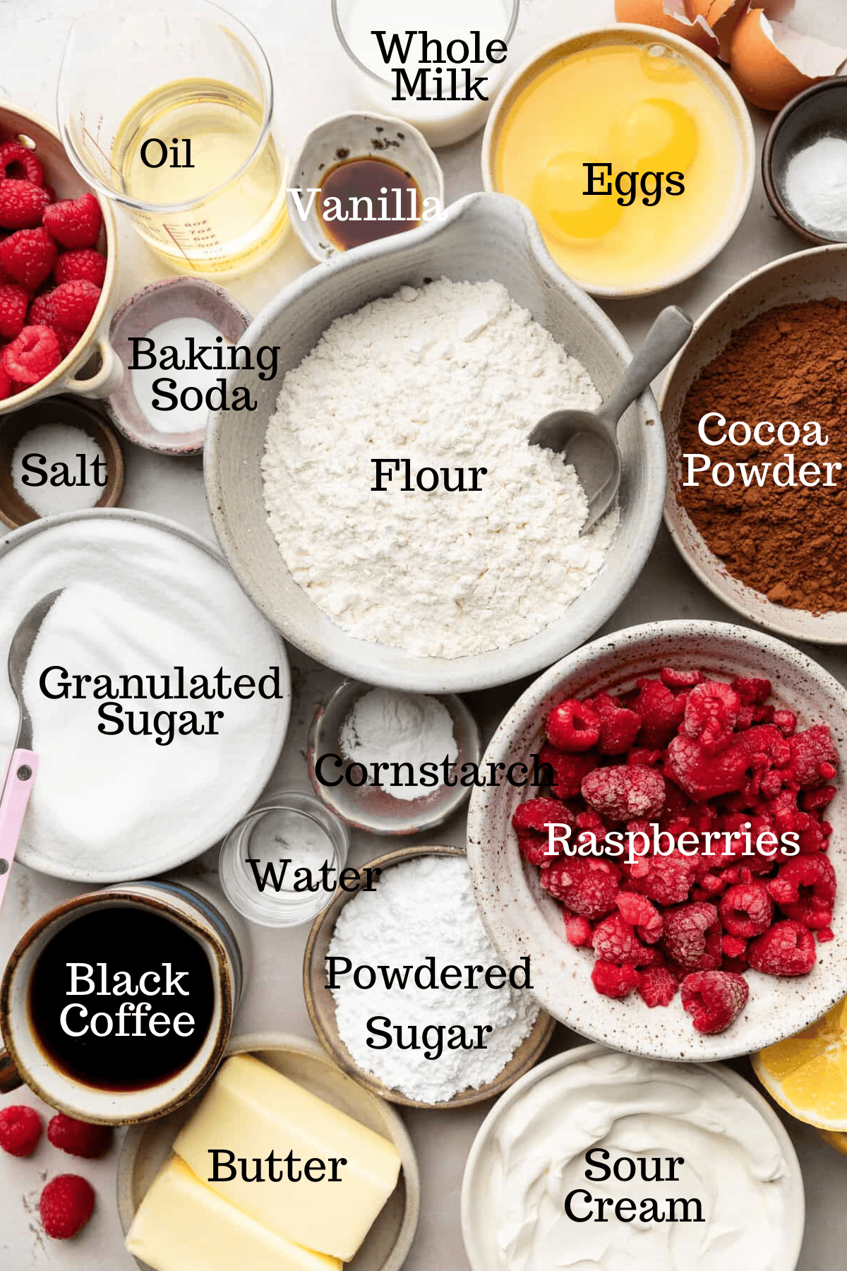 Photo of ingredients for Chocolate Raspberry Layer Cake with labels.