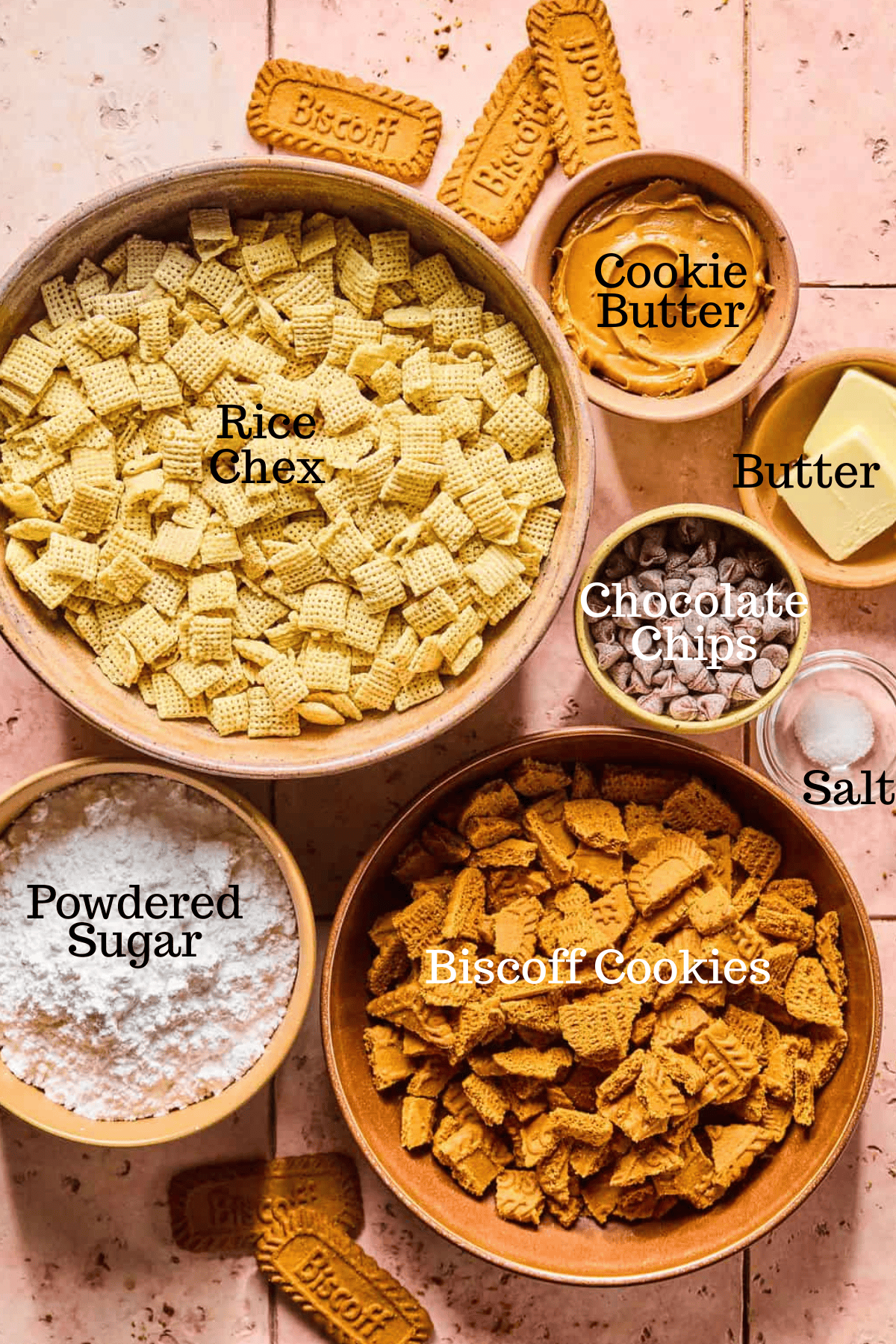 Photo of ingredients for Cookie Butter Puppy Chow with labels.