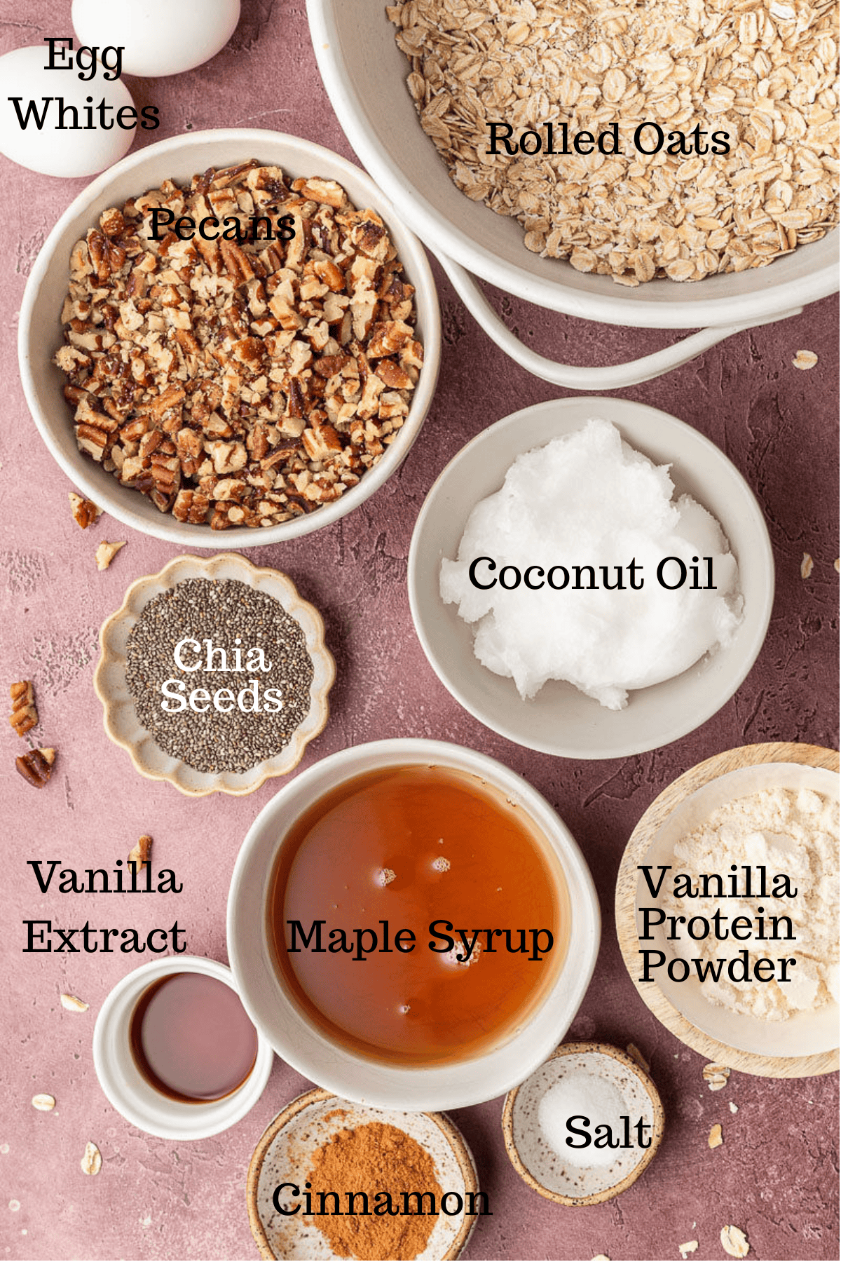 Photo of ingredients for High Protein Granola with labels.