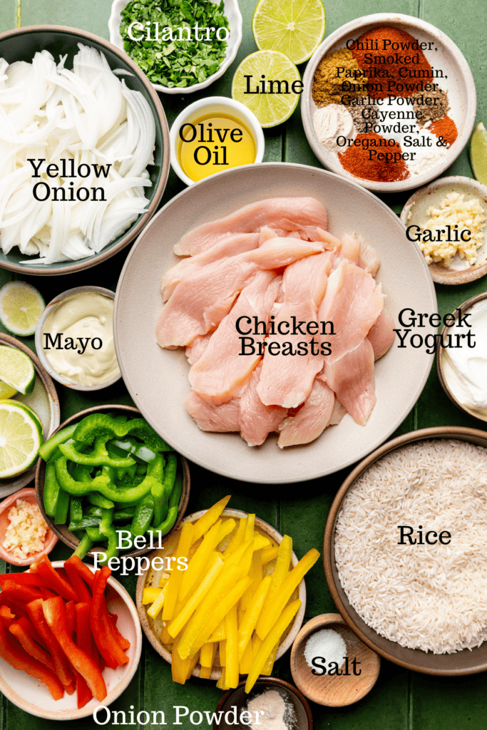 ingredient shot of chicken fajitas with all ingredients labeled