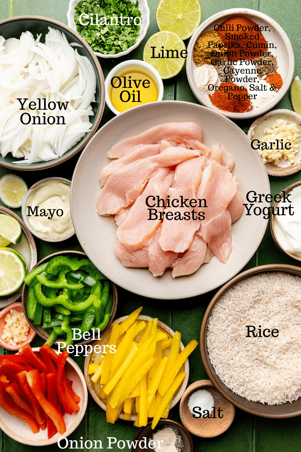 Photo of ingredients for Sheet Pan Chicken Fajita Bowl with labels.