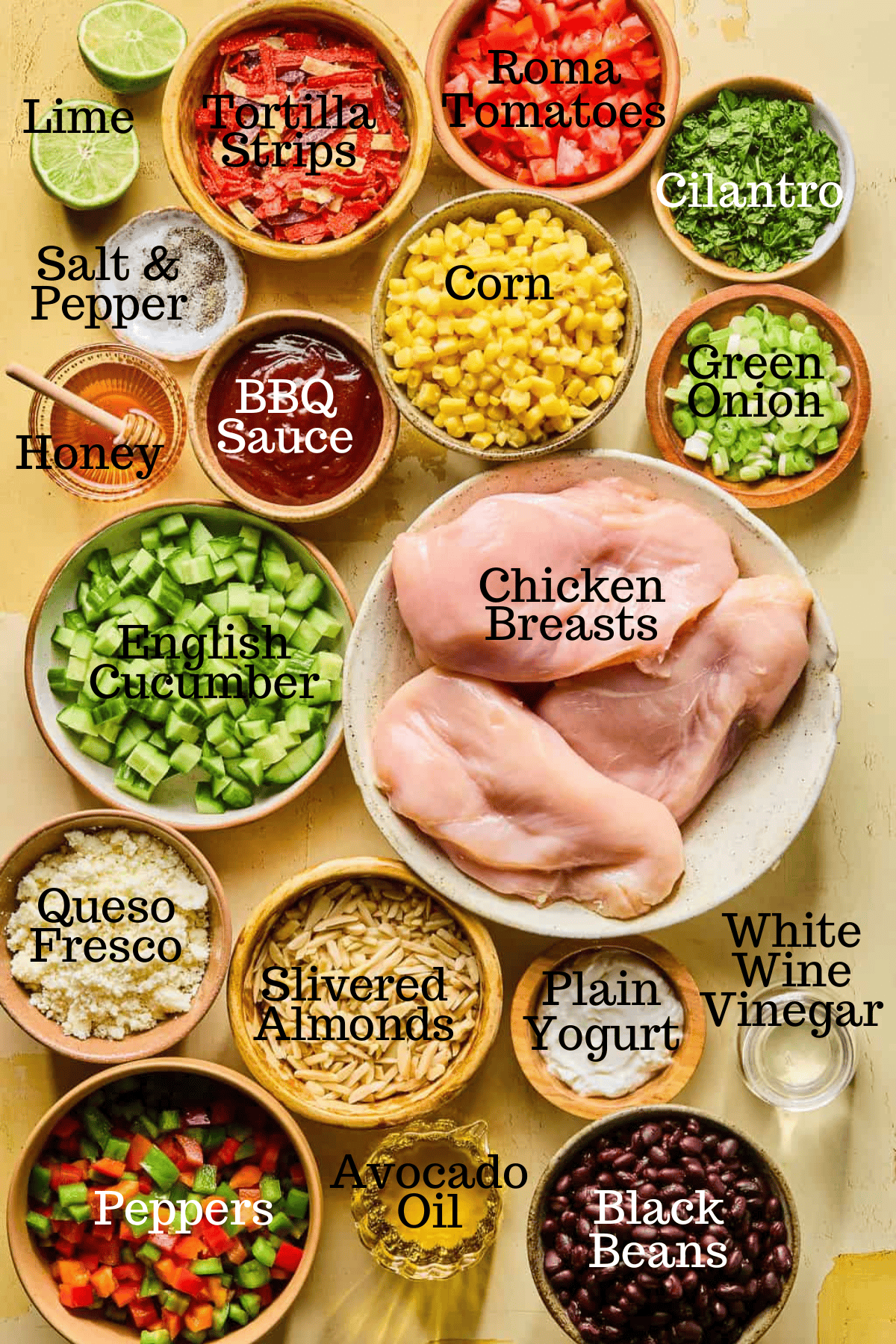 Photo of ingredients for Southwest Chopped Chicken Salad with labels.
