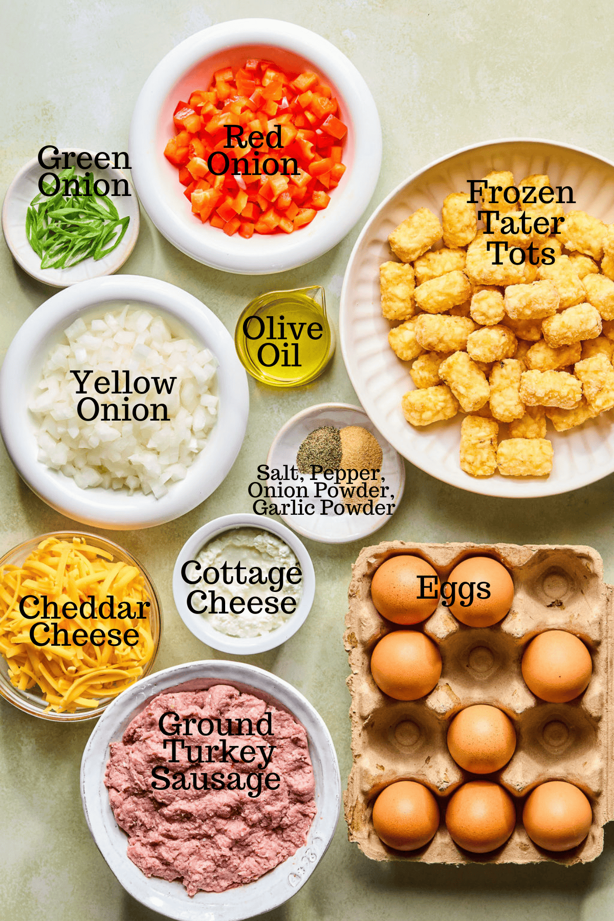 Photo of ingredients for Tater Tot Breakfast Casserole with labels.