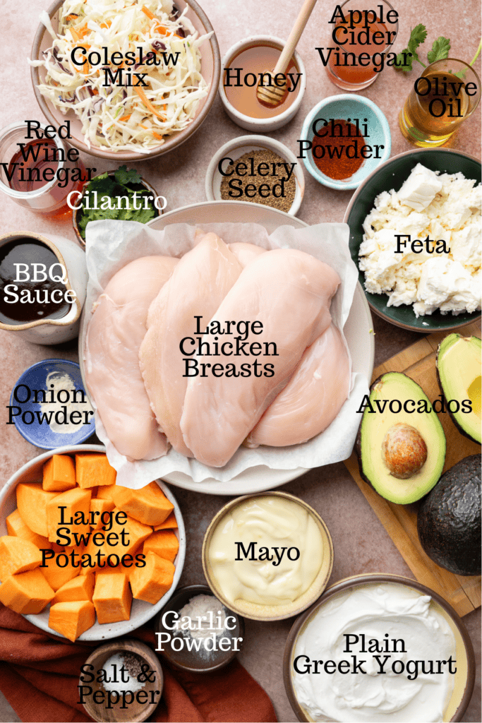 Photo of ingredients for BBQ Chicken Sweet Potato Bowls with labels.