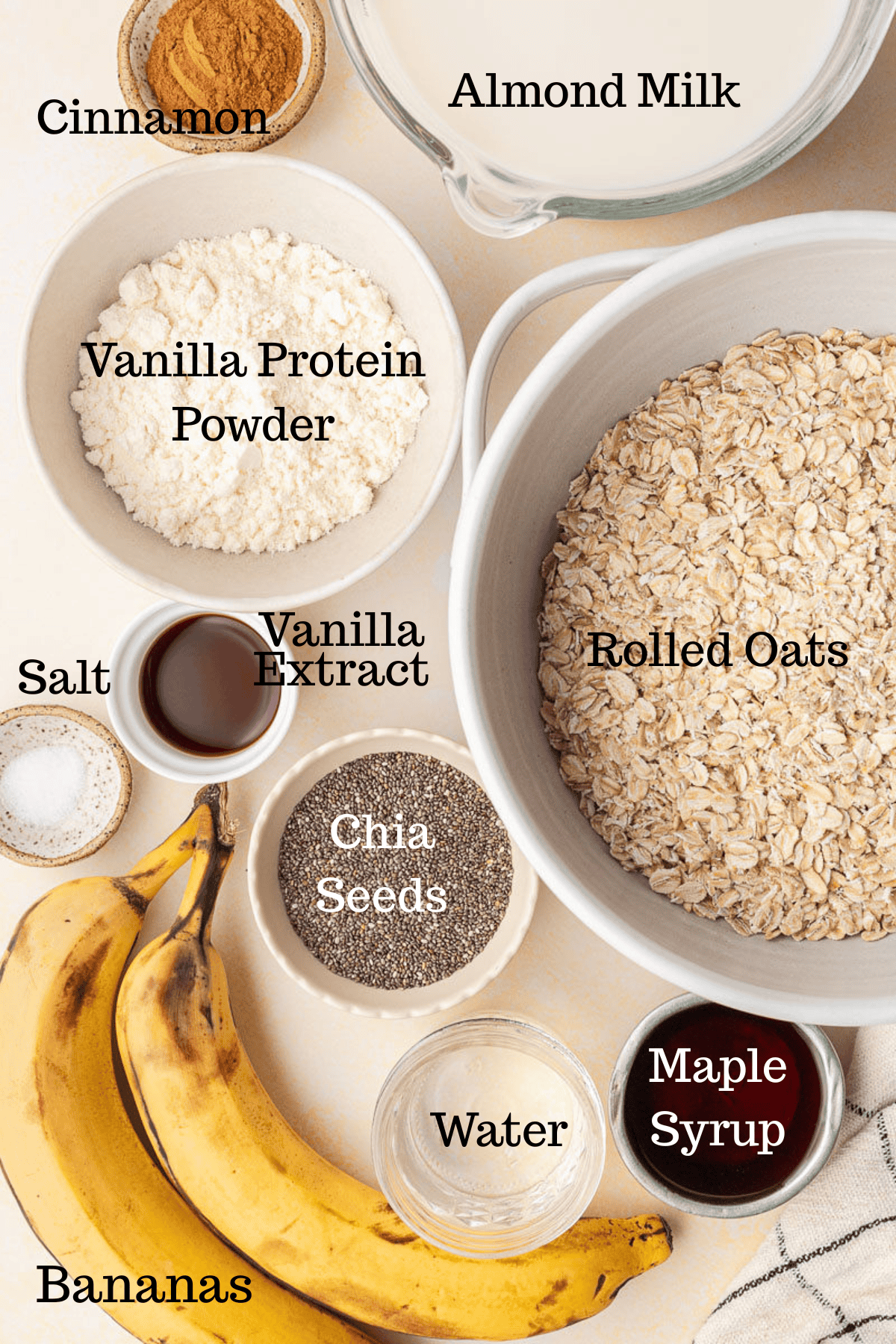 Photo of ingredients for Bananas Foster Overnight Oats with labels.