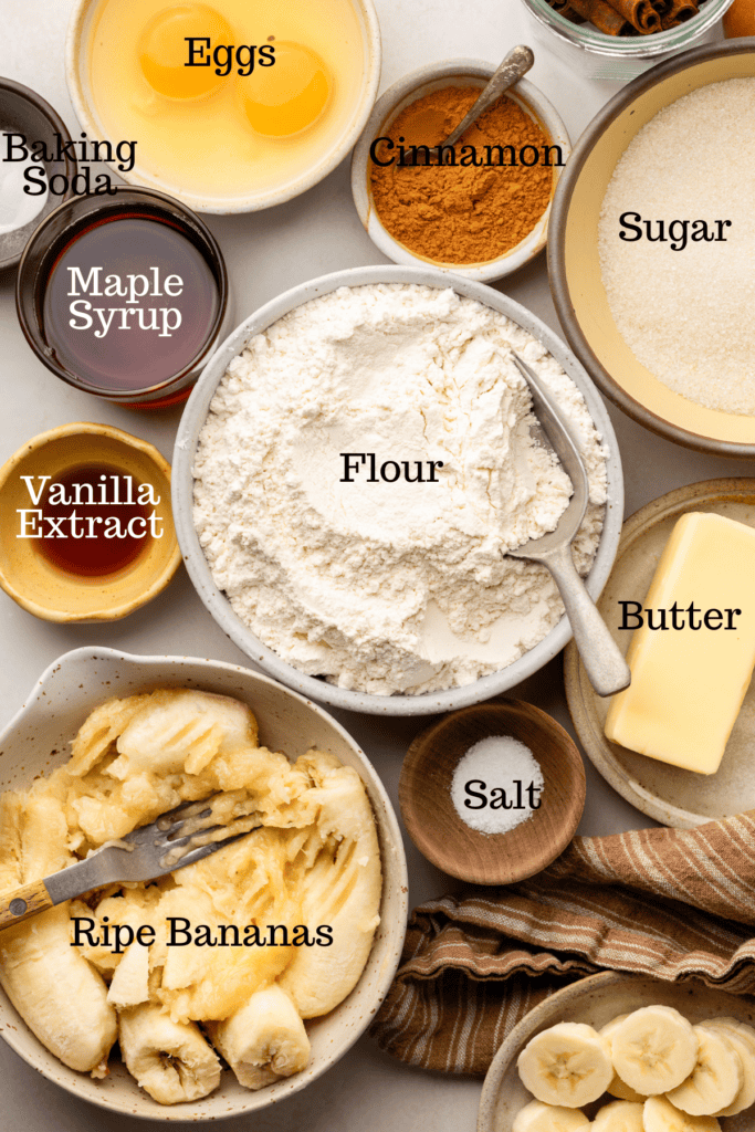 Photo of ingredients for Brown Butter Snickerdoodle Banana Bread with labels.