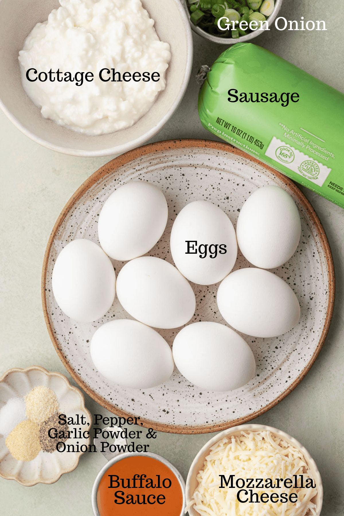 Photo of ingredients for High Protein Buffalo Egg Cups with labels.