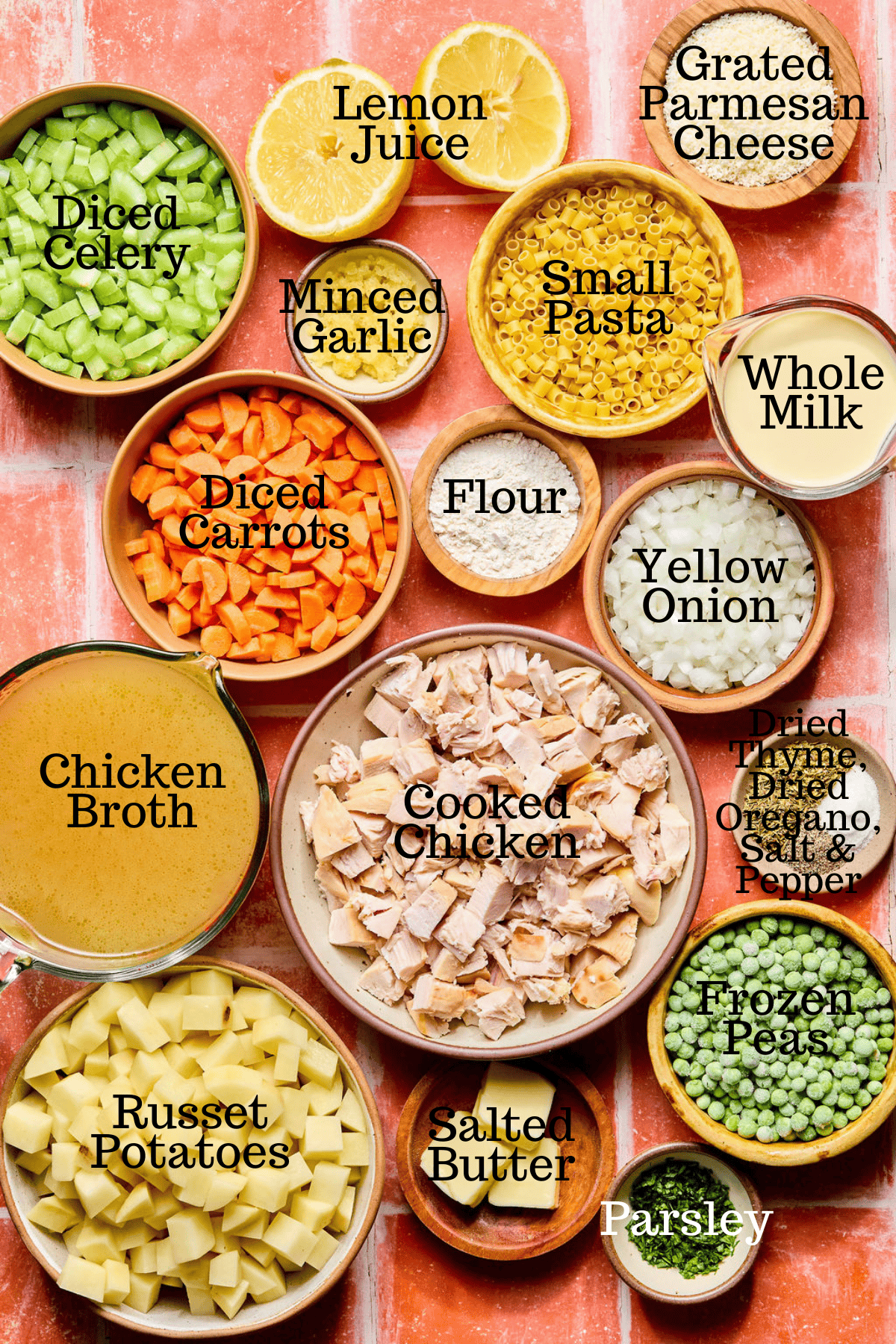 Photo of ingredients for Creamy Chicken Soup with labels.