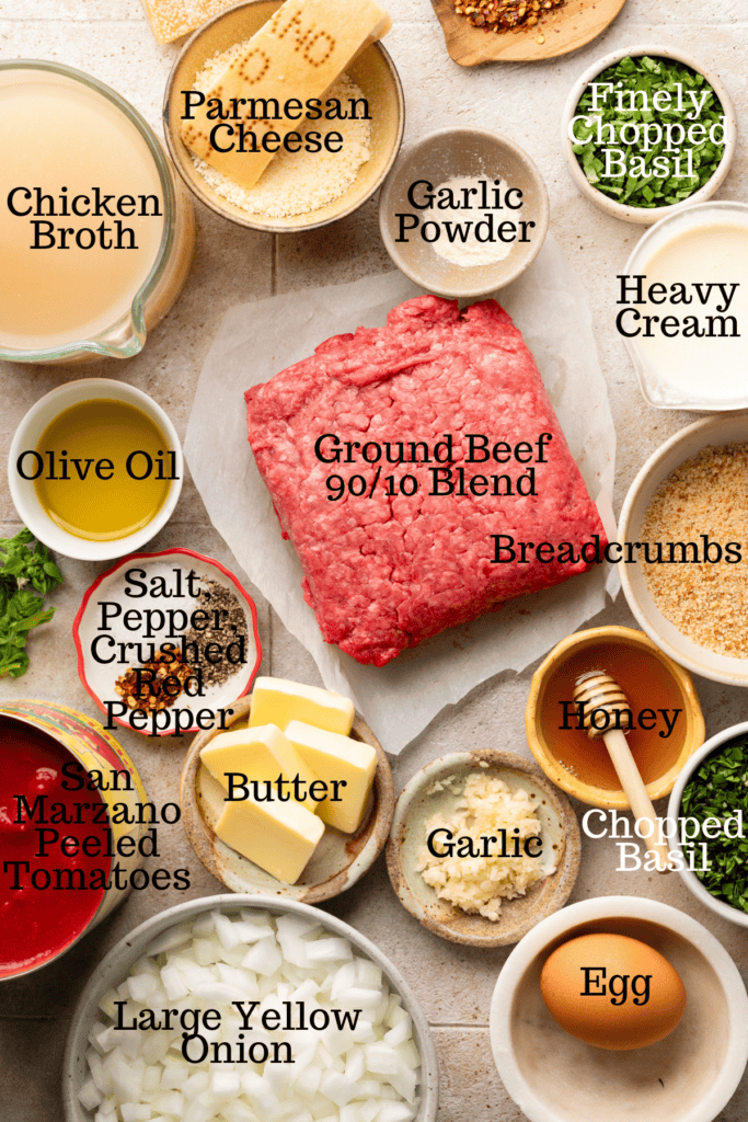 Photo of ingredients for Creamy Tomato Meatball Soup with labels.