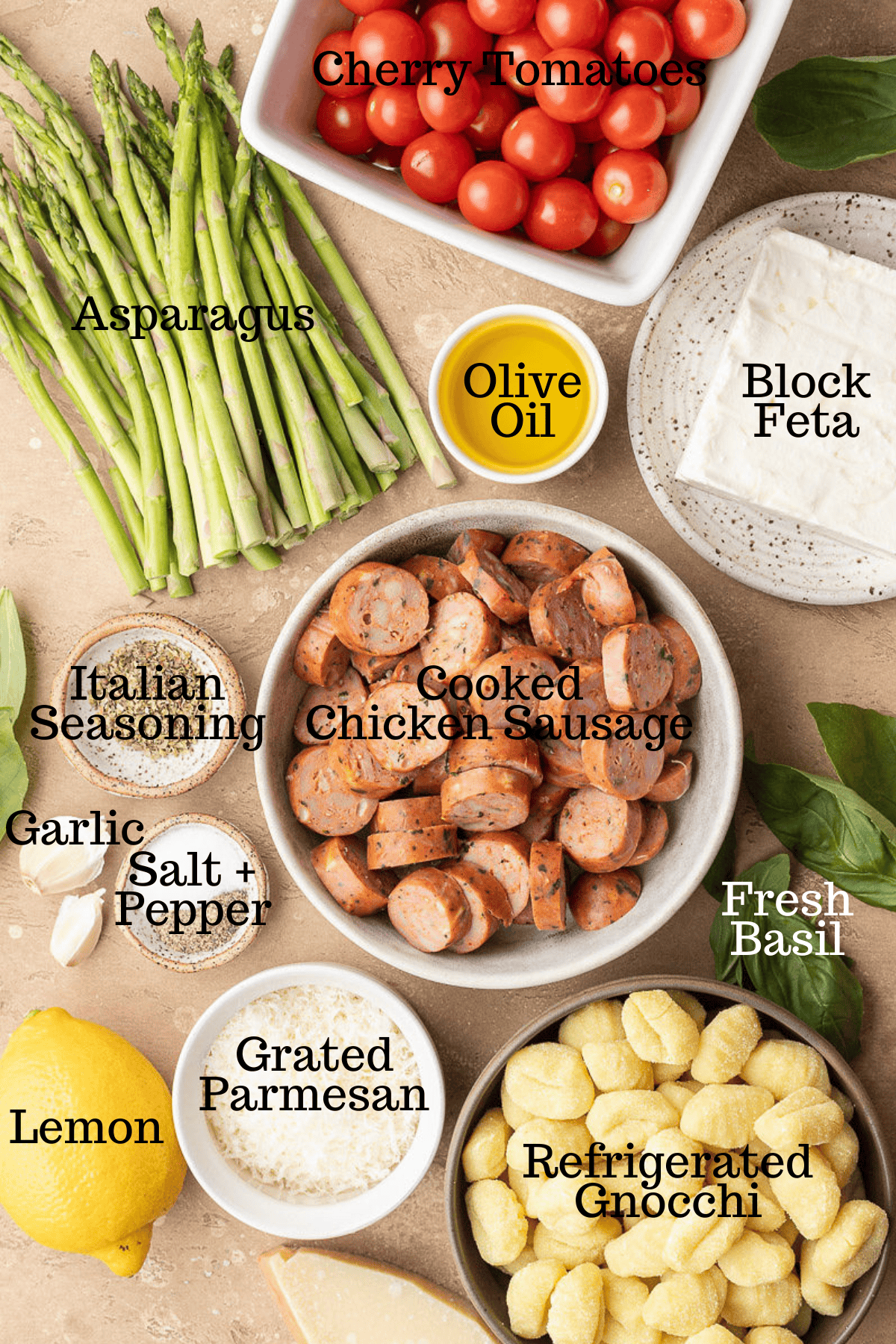 Photo of ingredients for Lemon Feta Gnocchi Bake with labels.