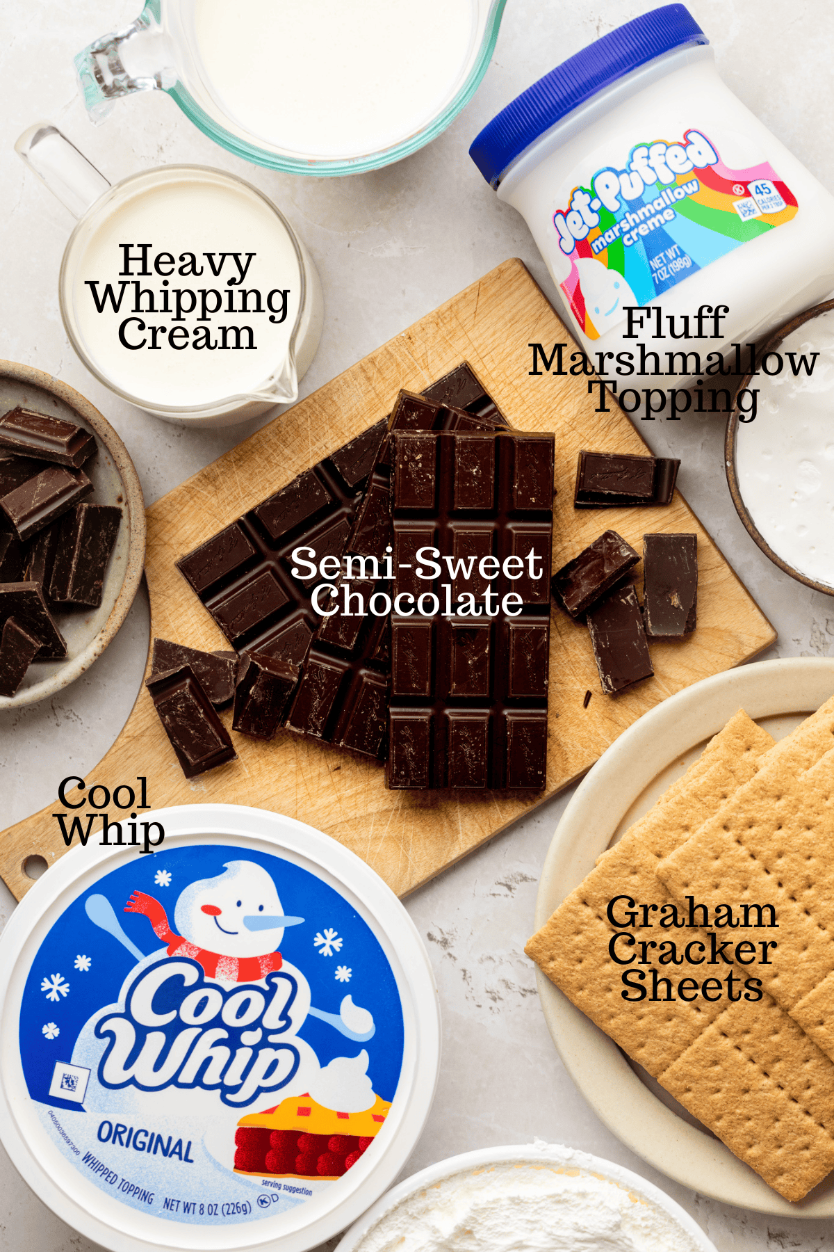 Photo of ingredients for S'mores Icebox Cake with labels.