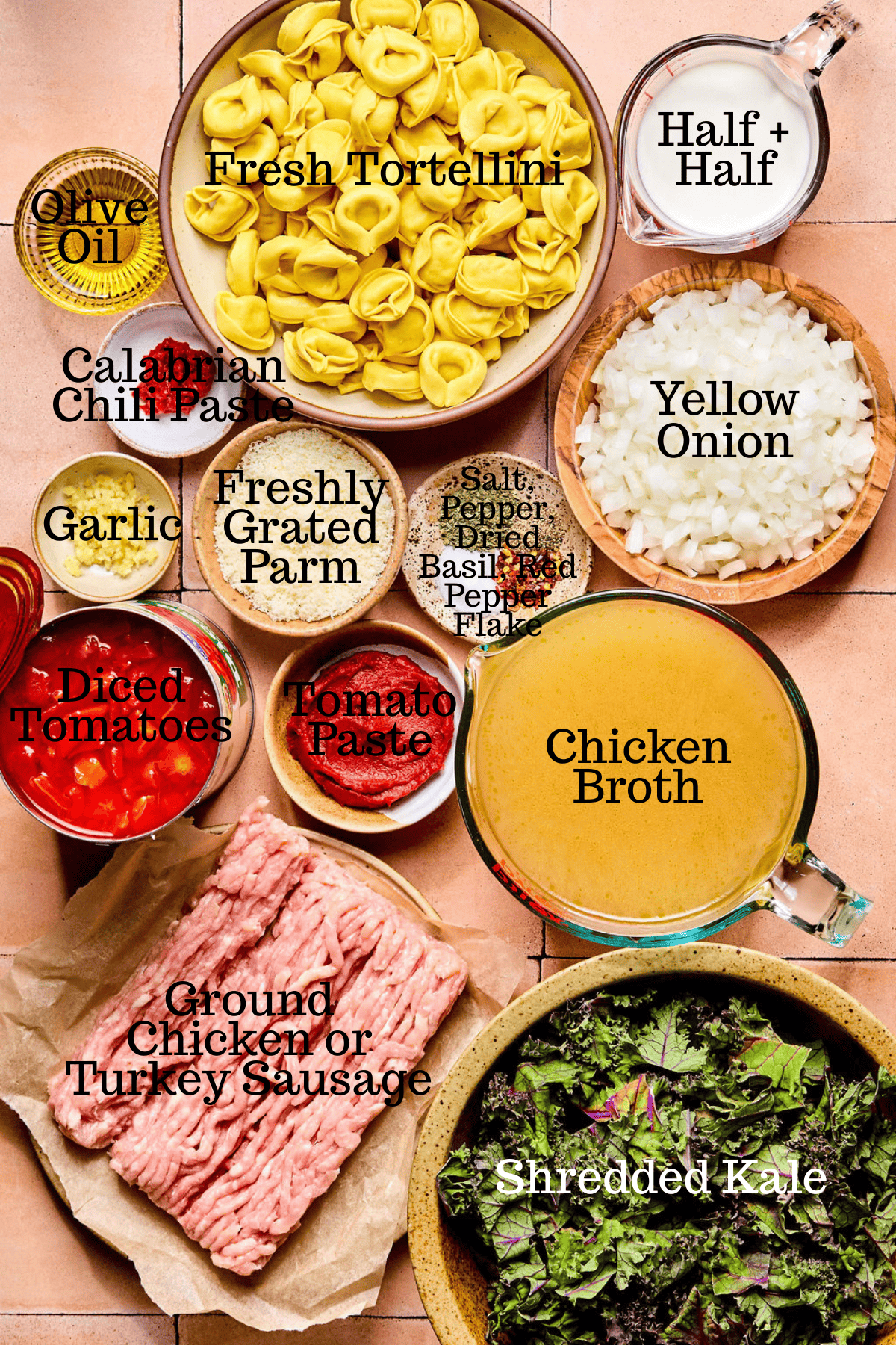 Photo of ingredients for Spicy Sausage Tortellini Soup with labels.