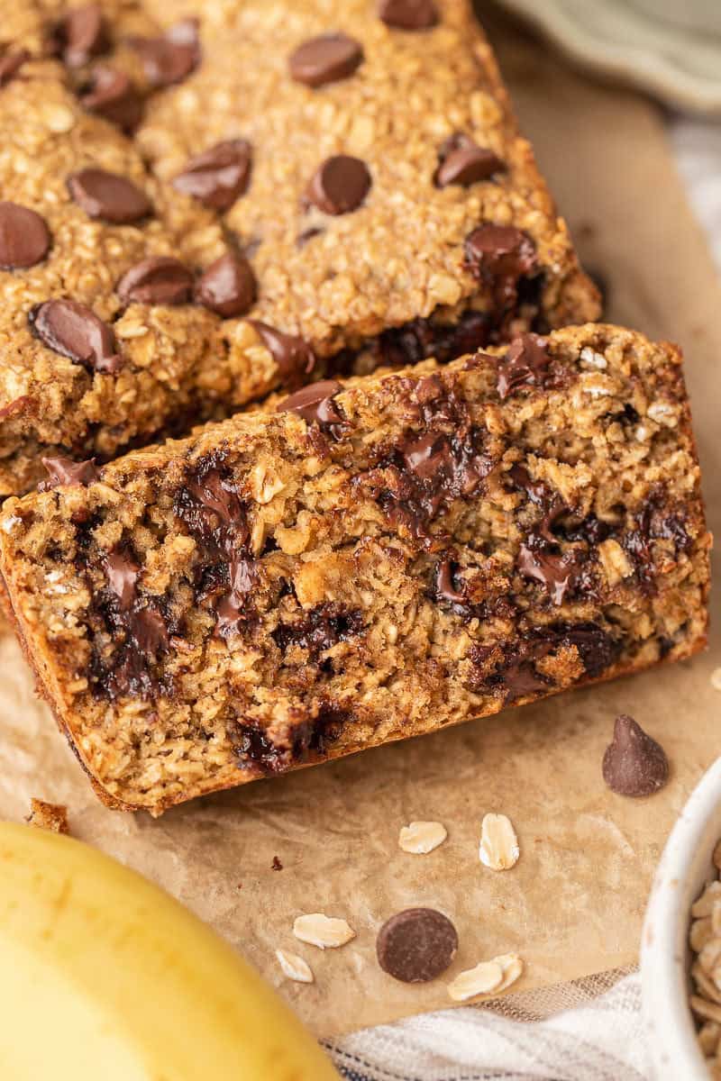 Slice of Blender Banana Bread on countertop.