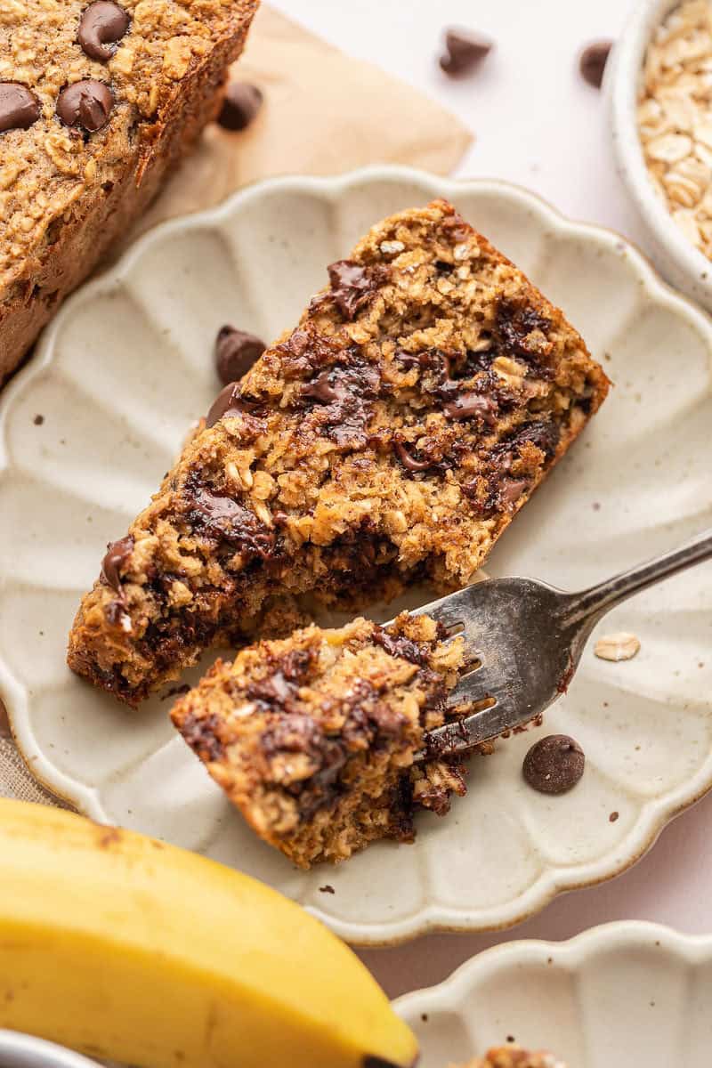 Slice of Blender Banana Bread on plate with fork.