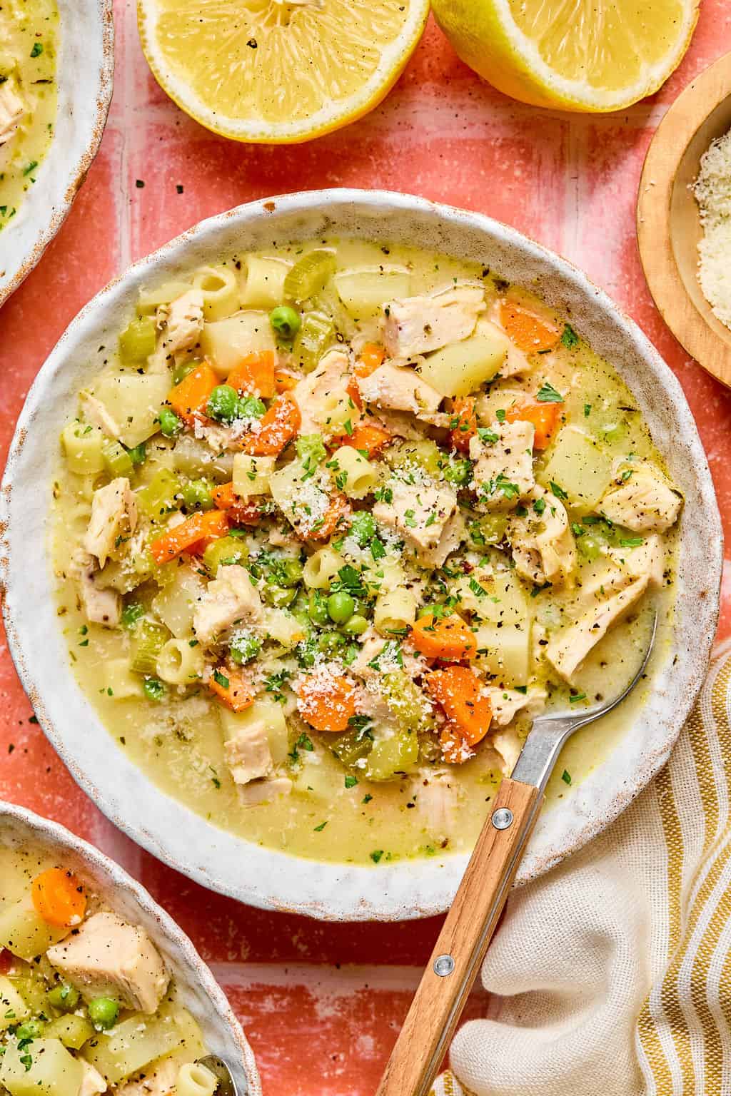 avocado-dill-feta-salad-10 Creamy Chicken Soup in bowl with spoon.