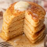 High Protein Pancakes stacked on plate.