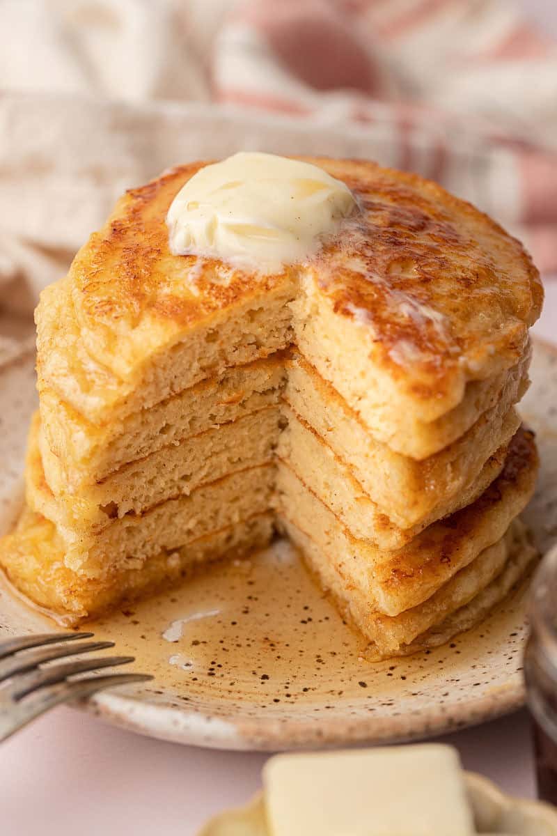 High Protein Pancakes stacked on plate.
