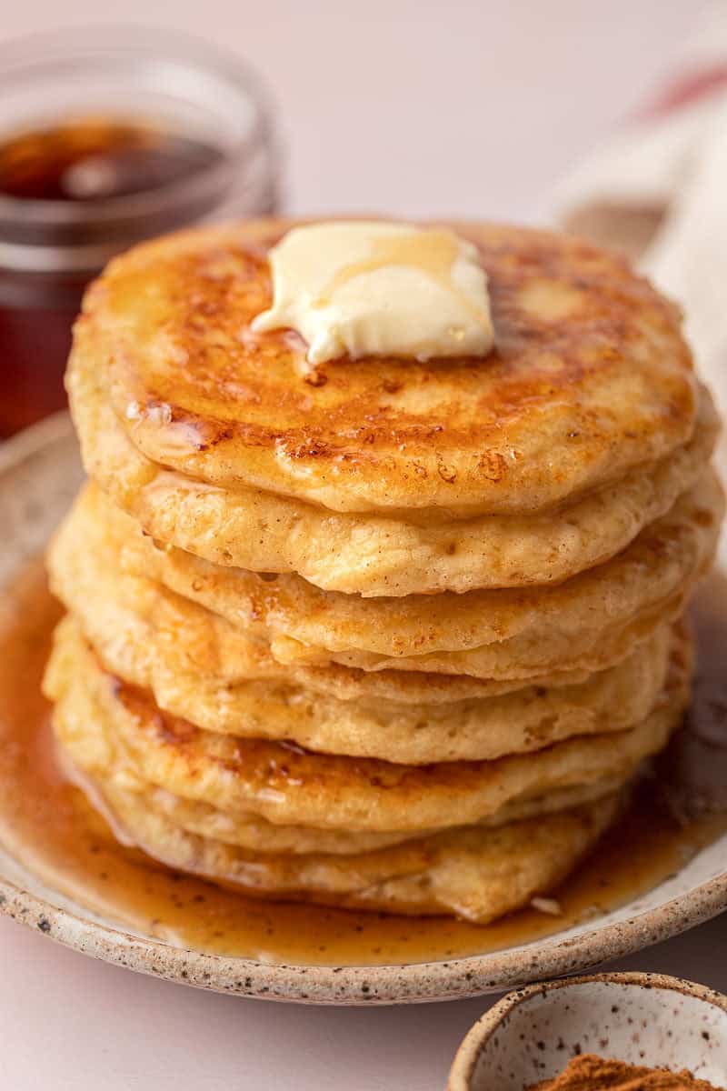 High Protein Pancakes stacked on plate.