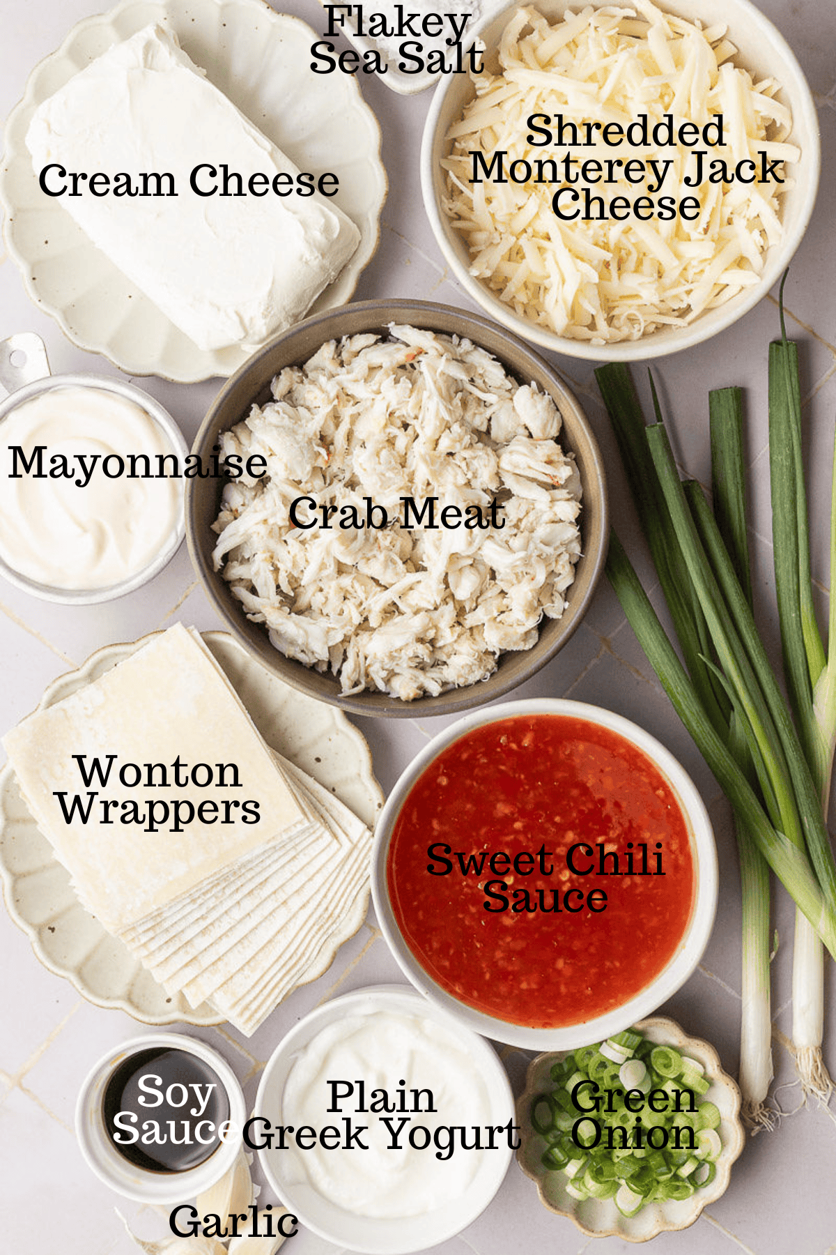 Photo of ingredients for Crab Rangoon Dip with labels.
