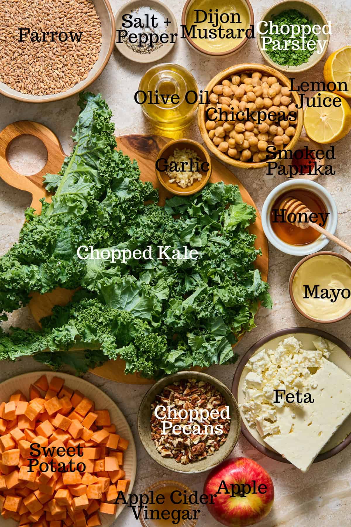 Photo of ingredients for Fall Farro Salad with labels.