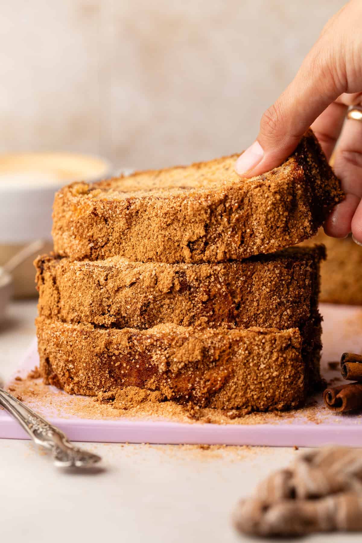 Slices of Brown Butter Snickerdoodle Banana Bread.
