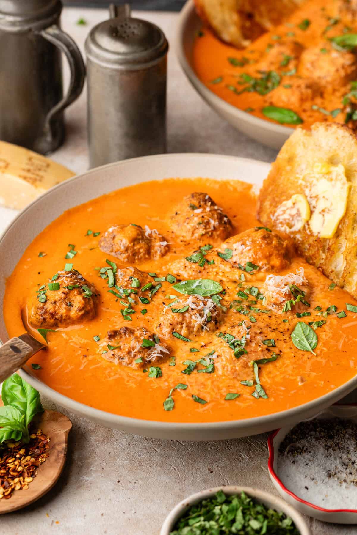Creamy Tomato Meatball Soup in bowl.